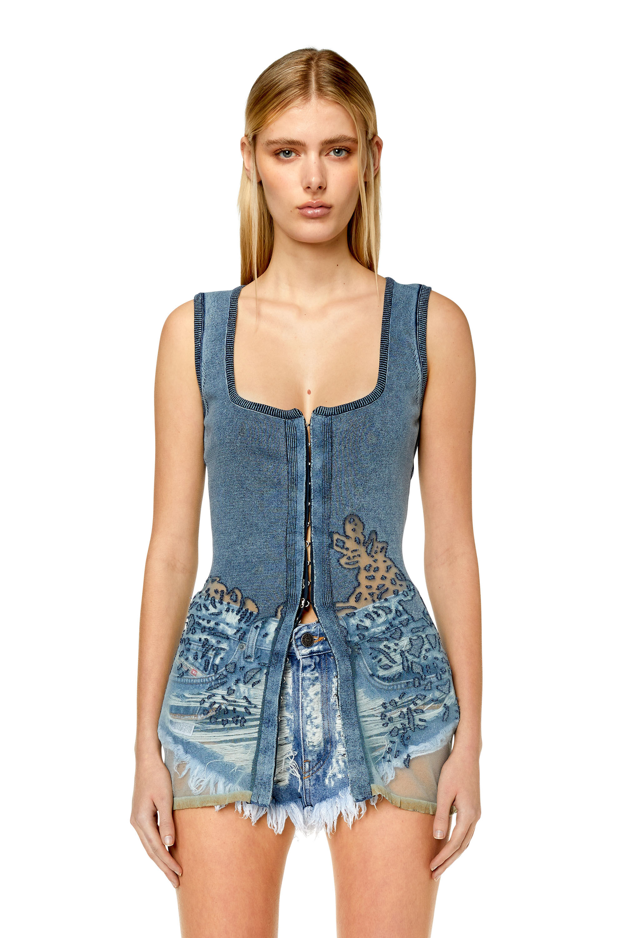 Diesel - M-ANDIA, Damen Ärmelloser Cardigan mit Ausbrenner-Muster in Blau - 3