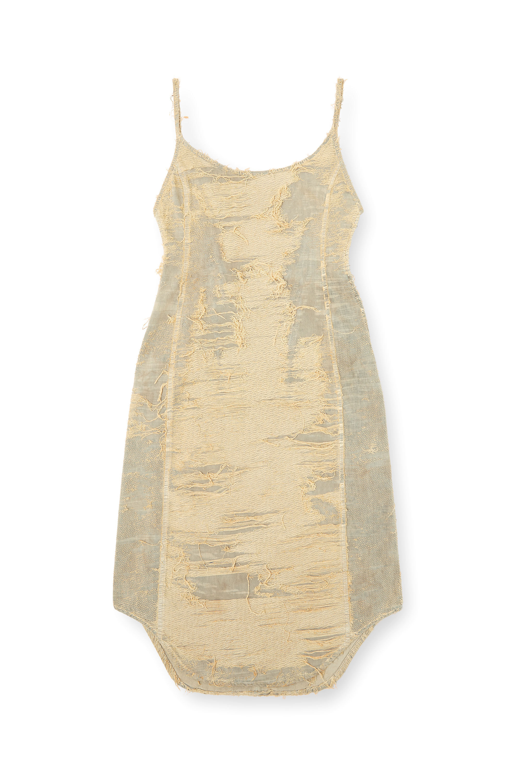 Diesel - DE-VERA-FSG, Damen Kleid aus überfärbtem Denim mit fließenden Fäden in Beige - 2