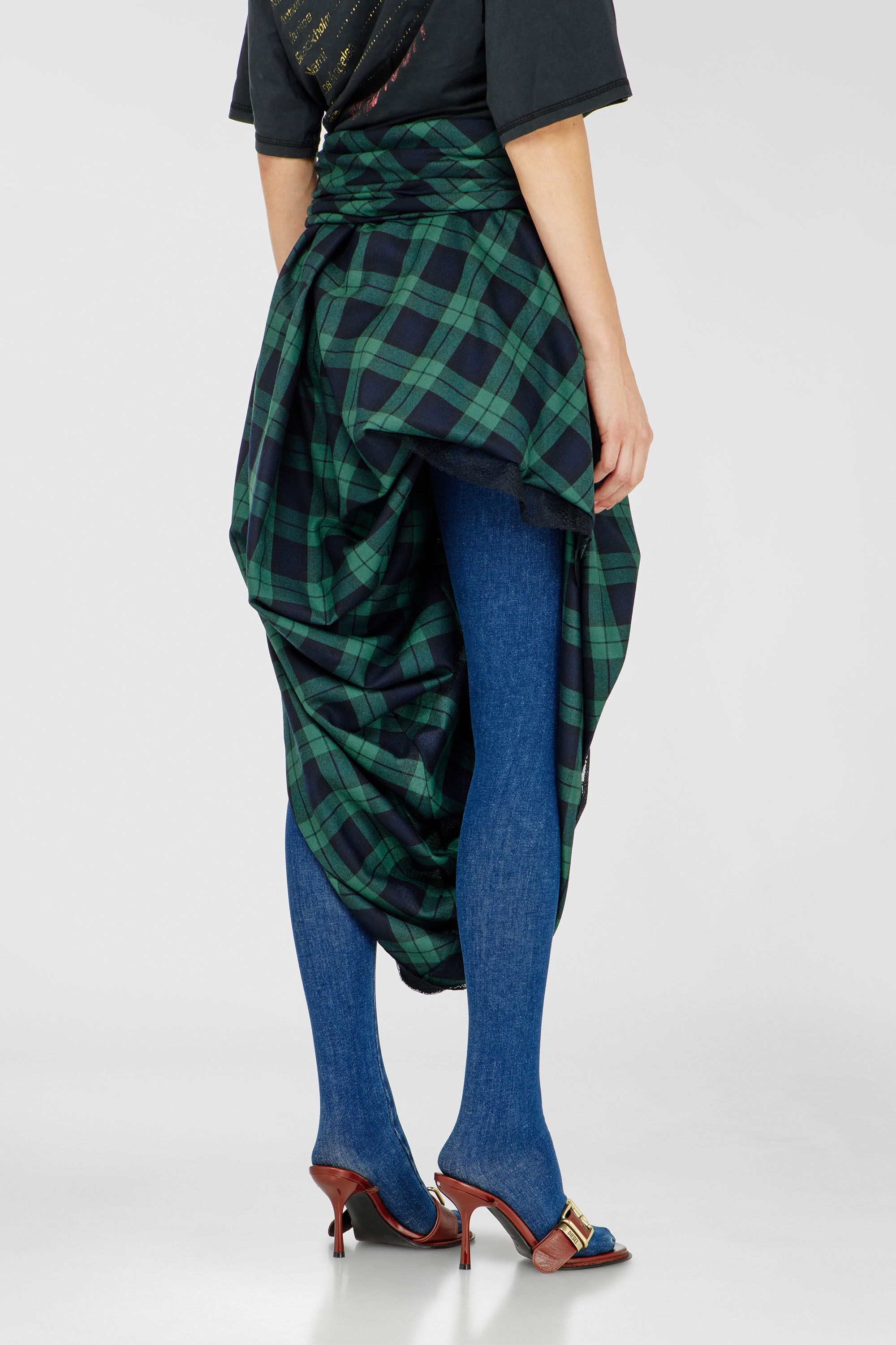 Diesel - O-WINNY, Damen Midilanger Rock im Tartan-Look mit Spitzenbesatz in Gr&uuml;n/Blau - 4