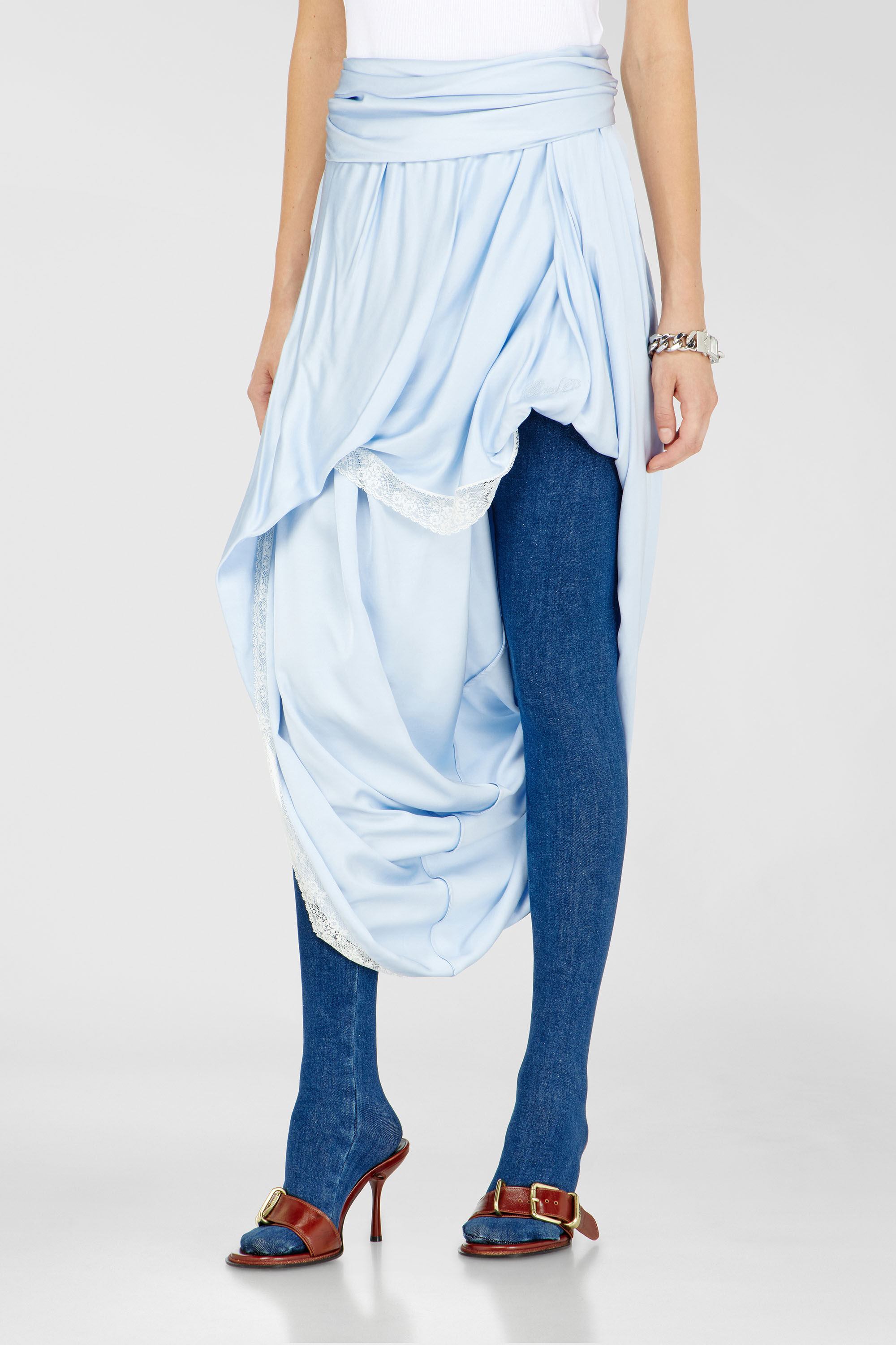 Diesel - O-WANDA, Damen Midirock aus Satin mit Spitzenbesatz in Hellblau - 3