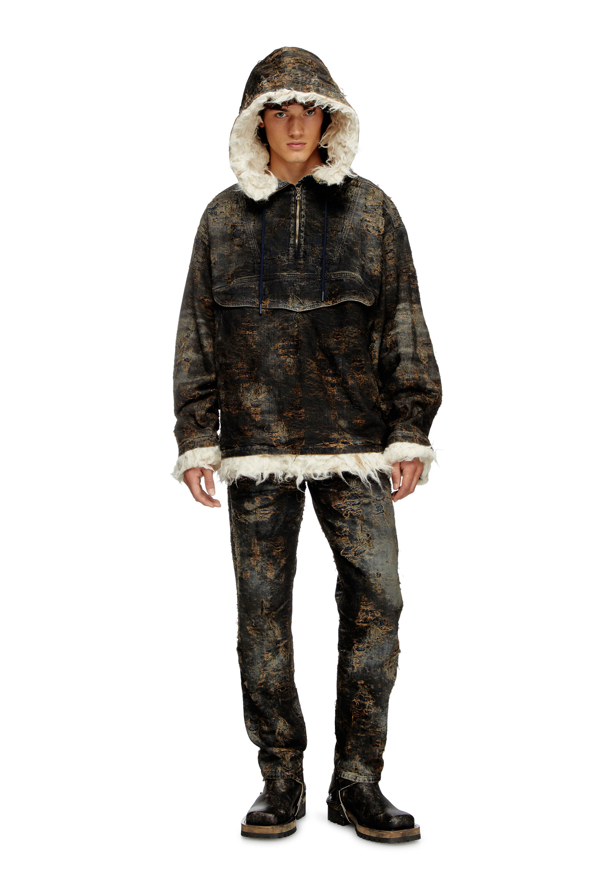 Diesel - D-ARAK-FSF, Unisex Anorak aus beschichtetem Jacquard-Denim in Schwarz/Braun - 1