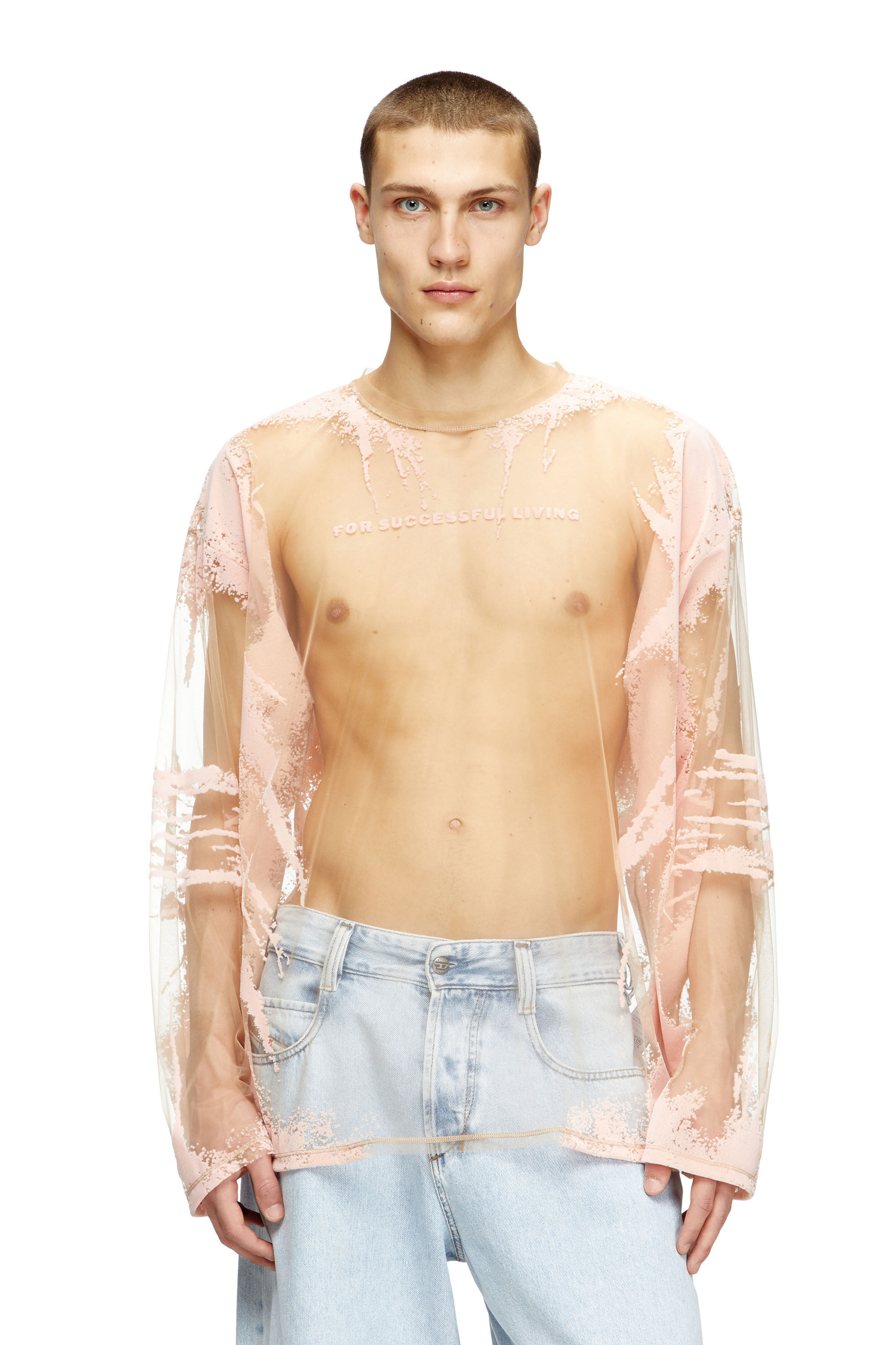 Diesel - T-HASSAN-LS-A, Unisex Langarm-T-Shirt aus Nylon mit Text-Print in Rosa - 3