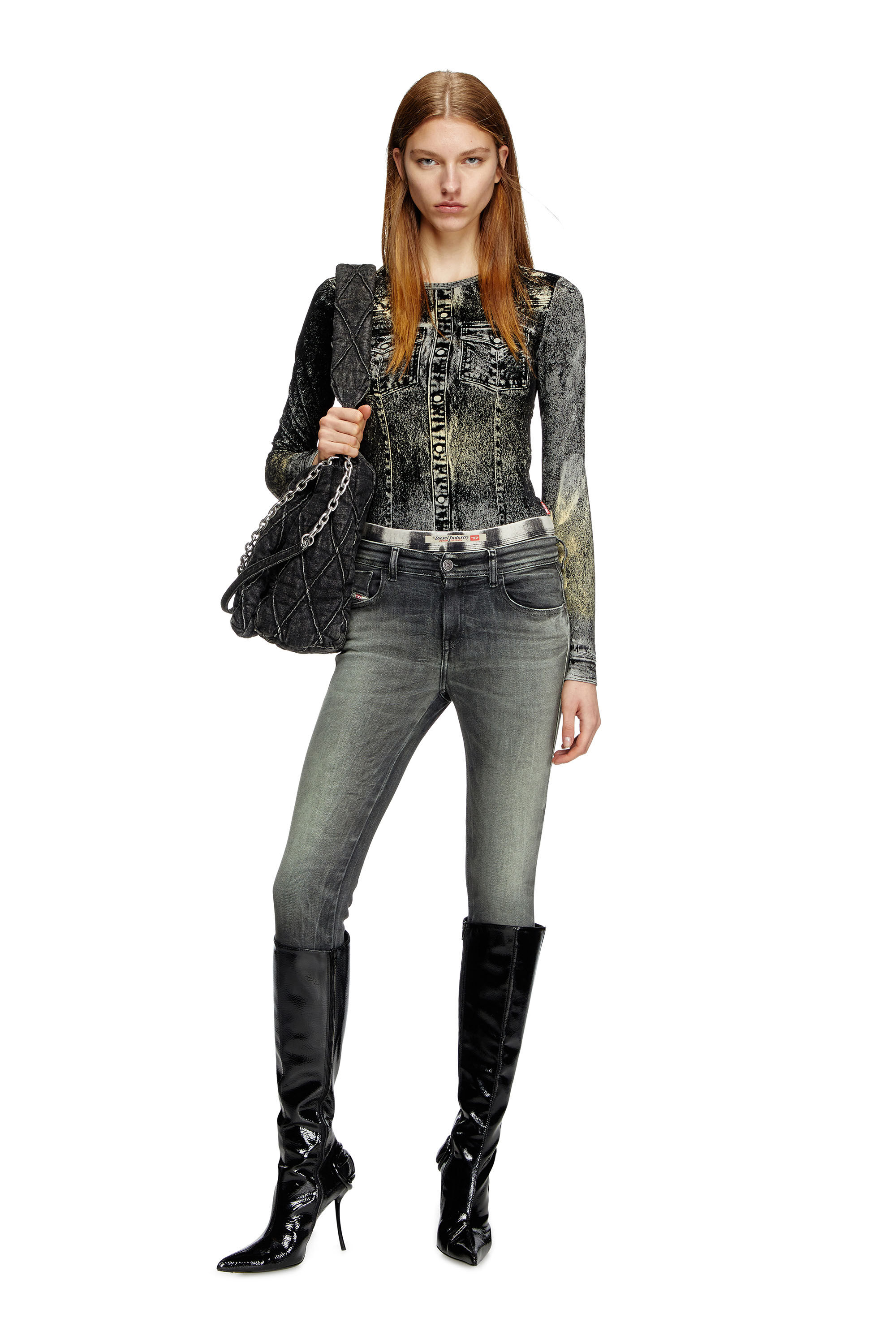 Diesel - T-AXY, Damen Langarm-Top mit Jacken-Print in Dunkelgrau - 1