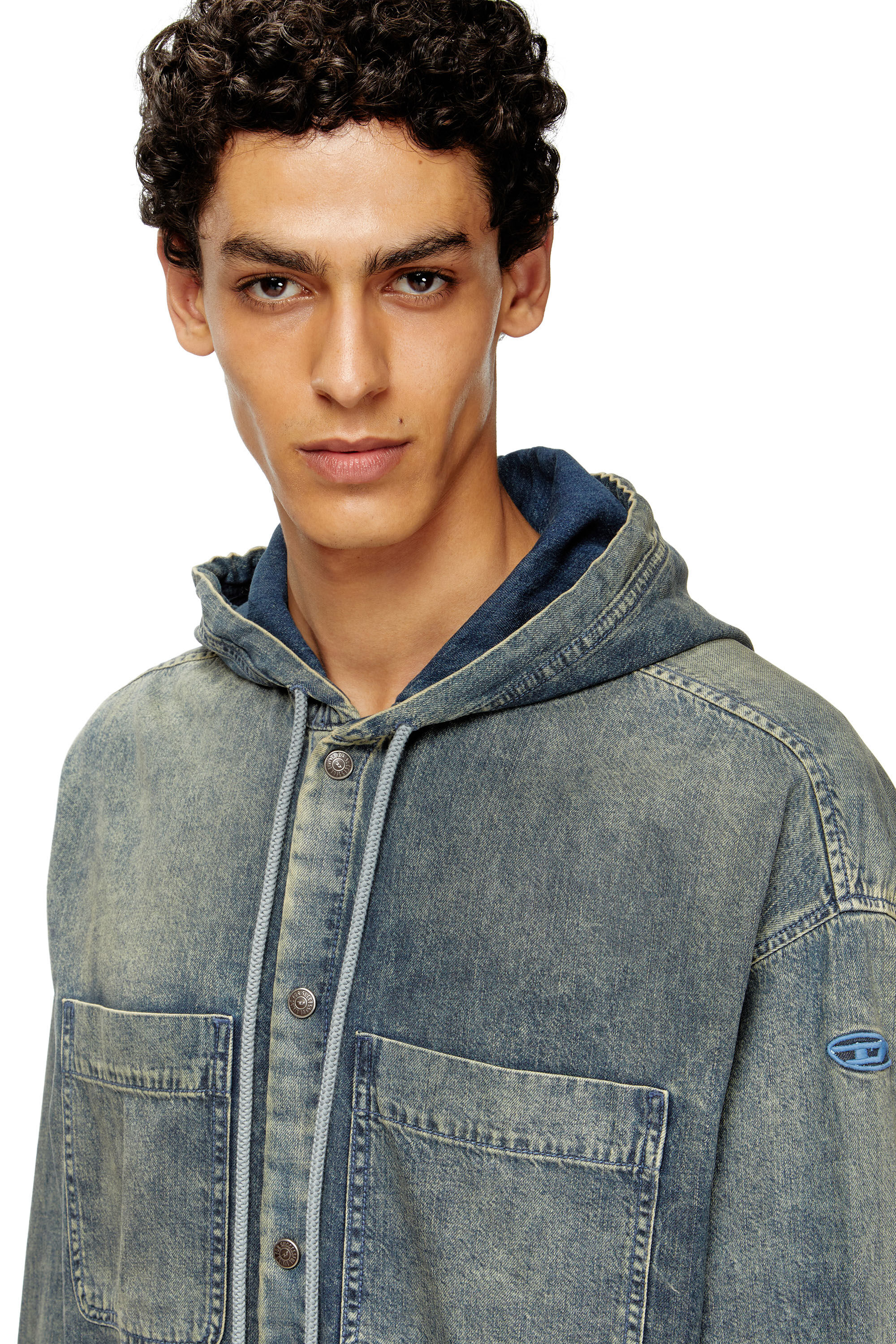 Diesel - D-DEWNY-HOOD-S2, Herren Overshirt aus marmoriertem beschichtetem Denim in Mittelblau - 5
