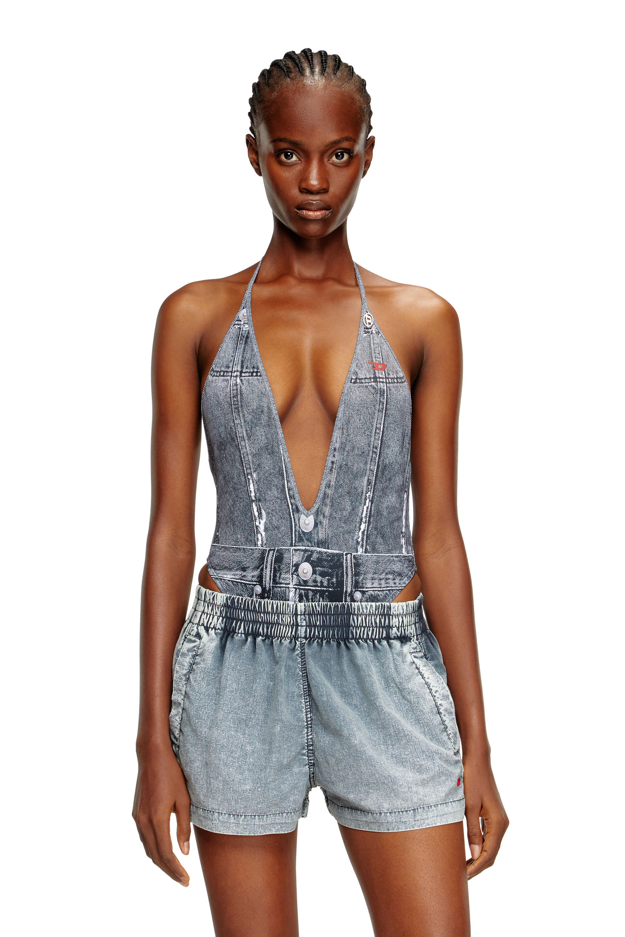 Diesel - KINSLEY-DNM, Damen Tiefer Badeanzug mit Denim-Trompe l'œil in Blau - 4