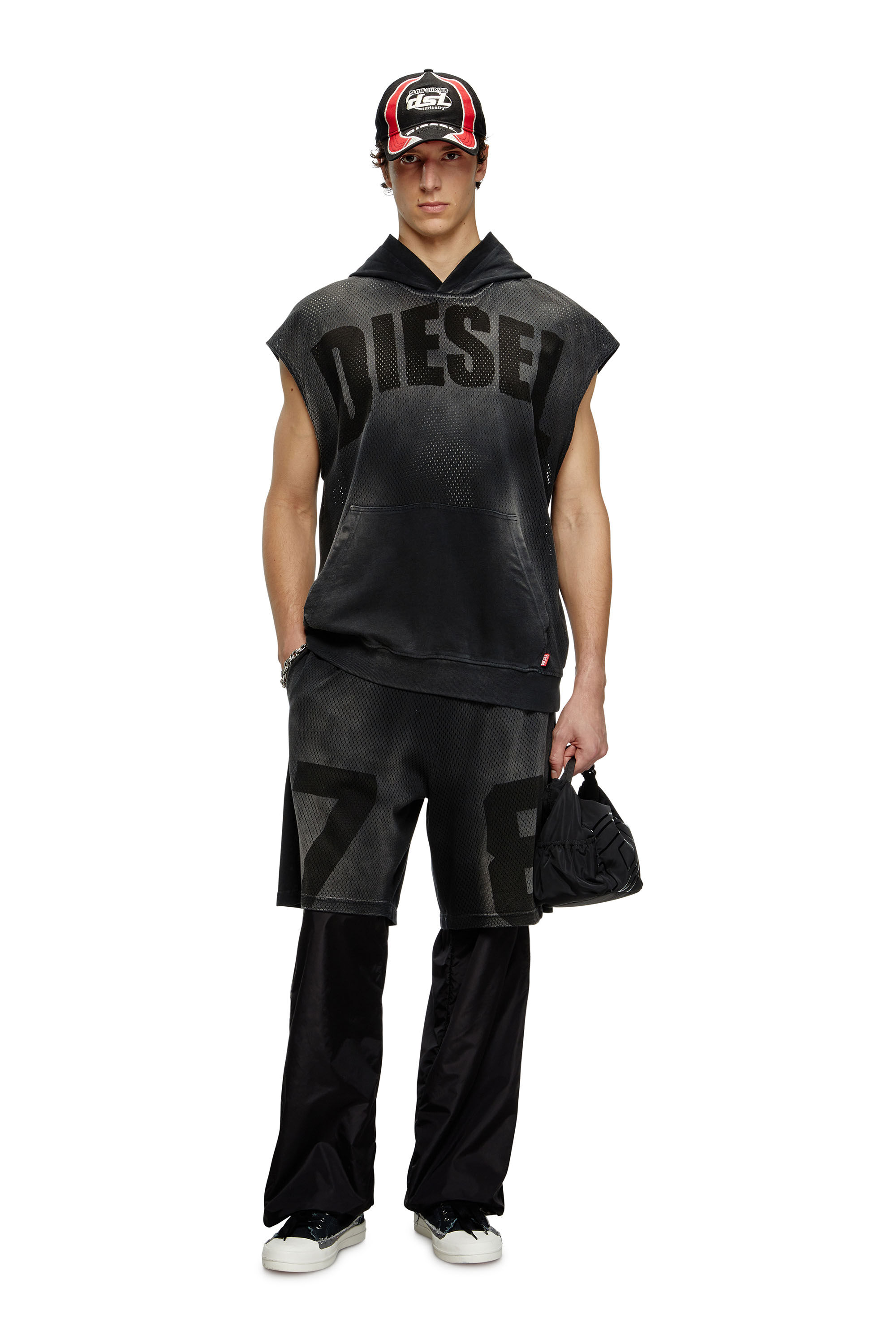 Diesel - S-BOXT-SL-MESH, Herren Ärmelloser Hoodie aus Mesh und Jersey in Schwarz - 1
