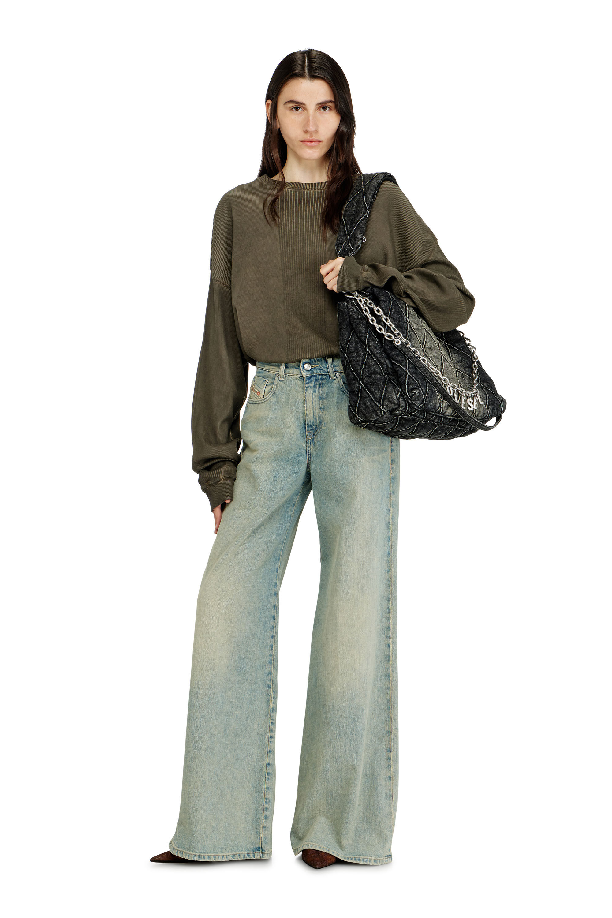 Diesel - CHARM-D SHOULDER L, Damen Charm-D-Gro&szlig;e Schultertasche aus Steppdenim in Schwarz - 1