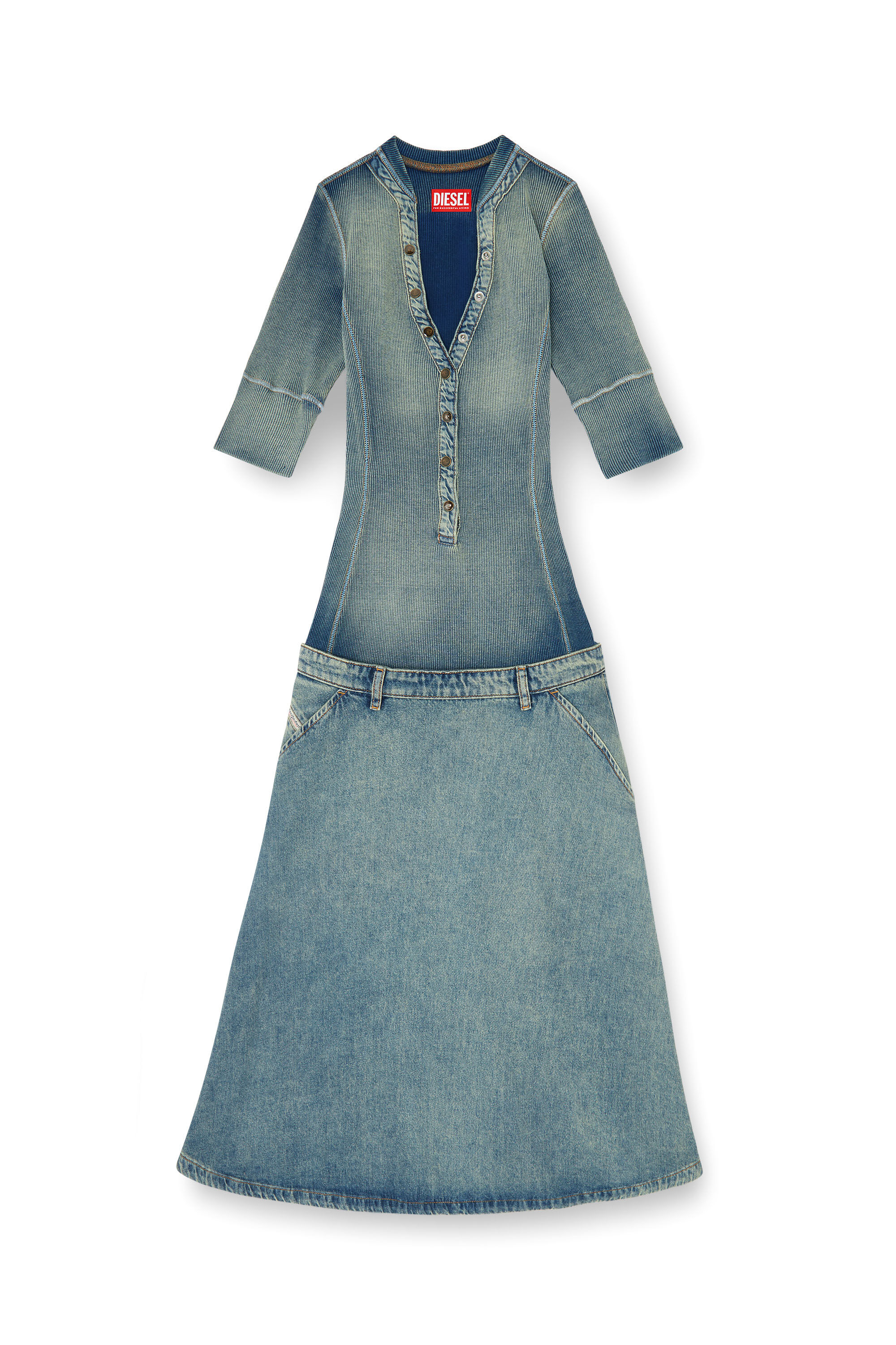 Diesel - DE-ANIM-S, Damen Midikleid mit tiefer Taille aus Strick und Denim in null - 2