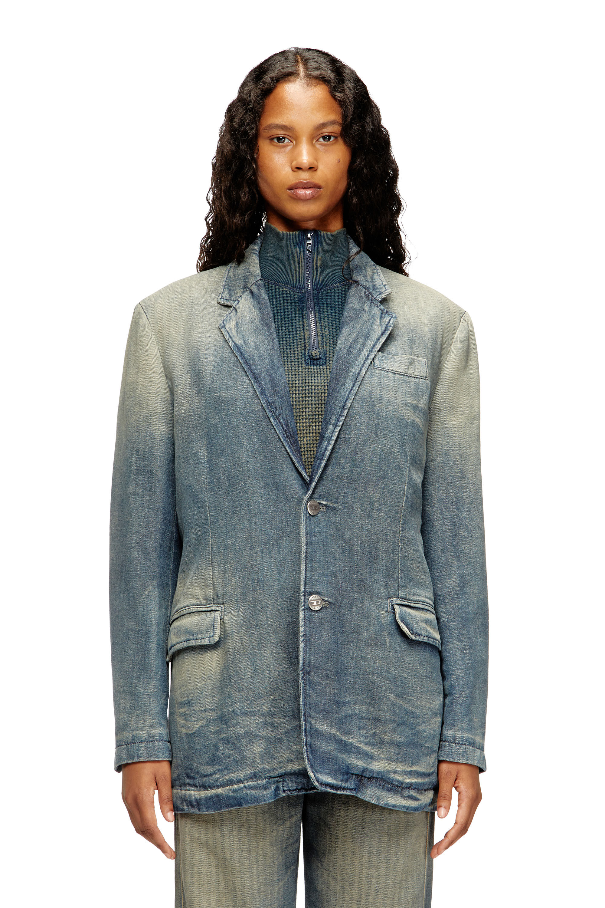 Diesel - D-REGER-D, Unisex Blazer aus schmutzigem Fischgräten-Denim in Grau/Blau - 6