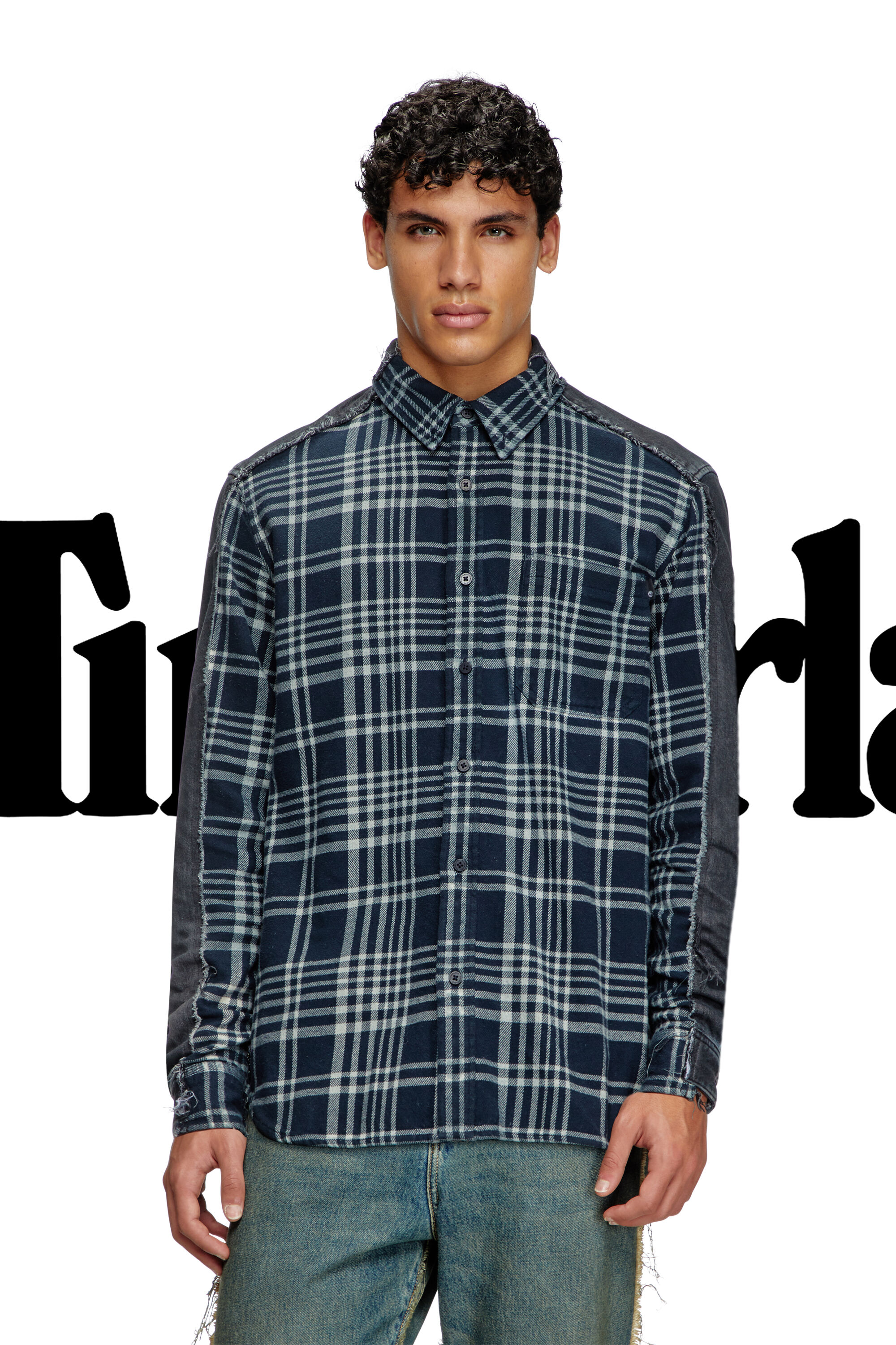 Diesel - Shirt Dieseloves 6B, Unisex Überfärbtes Karo- und Denim-Hemd in Blau/Schwarz - 3