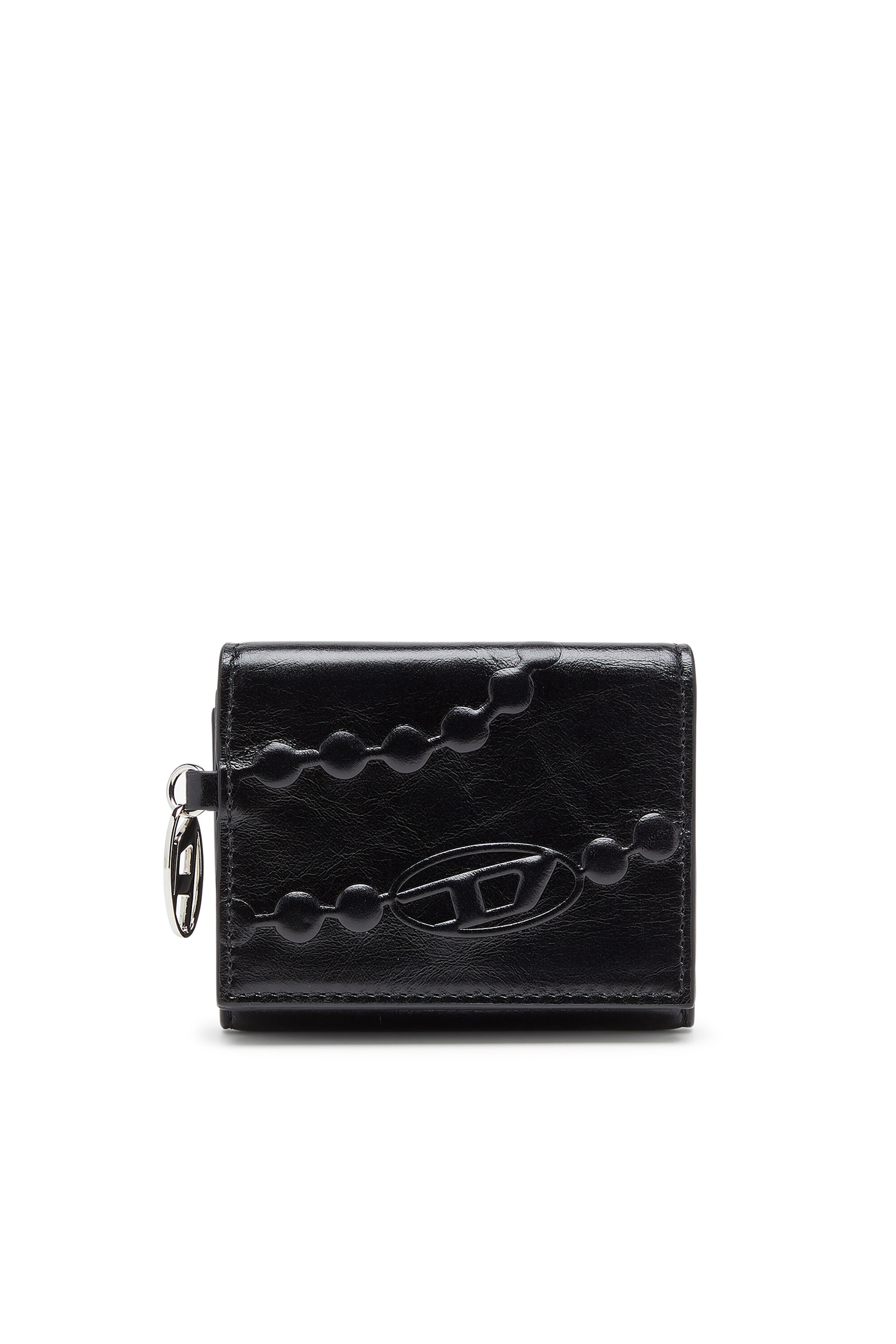 Diesel - OVAL-D TRI FOLD ZIP COIN XS II, Damen Leder-Geldb&ouml;rse mit gepr&auml;gtem Motiv, dreifach faltbar in Schwarz - 1