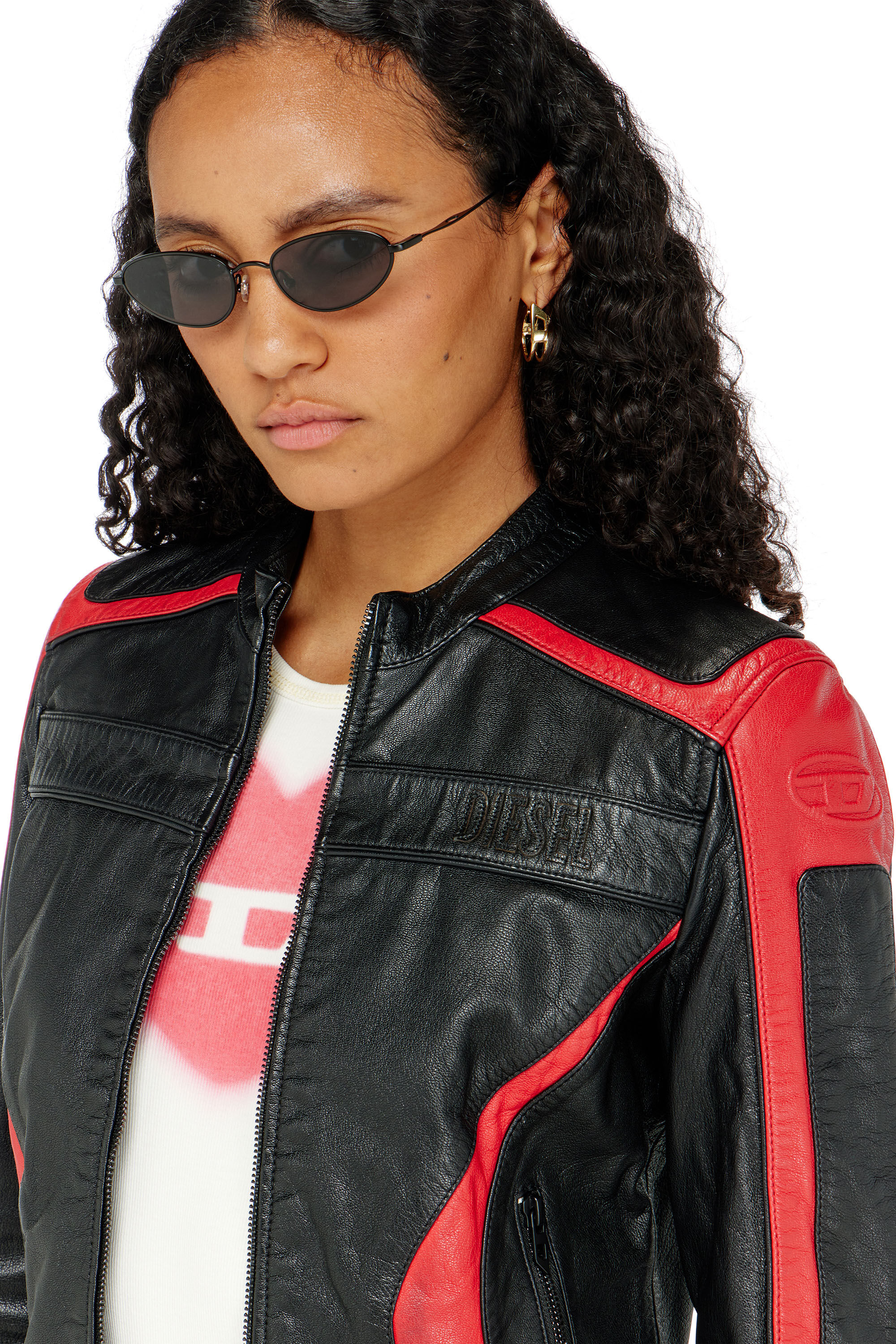Diesel - L-OVABLE, Damen Bikerjacke aus Leder im Colour-Block-Design in Schwarz/Rot - 5