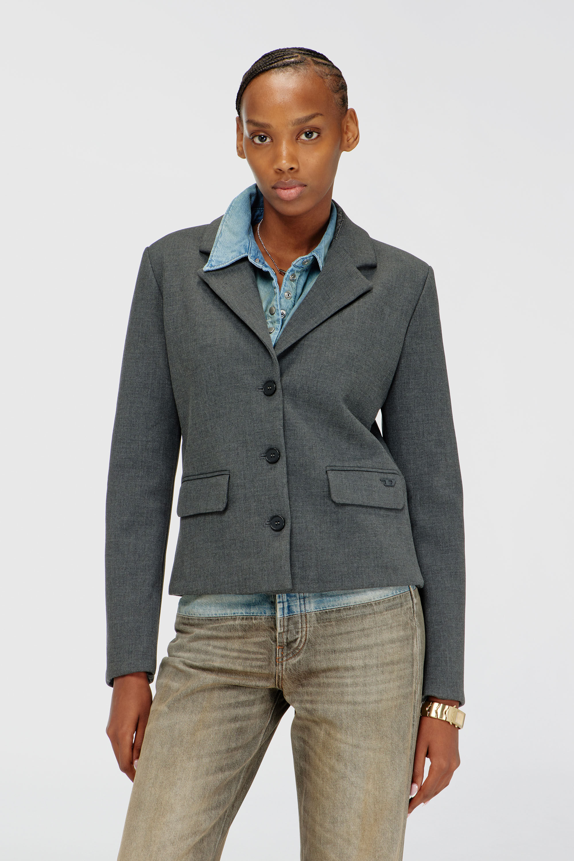 Diesel - G-LINTY, Damen Kurzblazer mit Kragen in Denim-Optik in Grau - 3