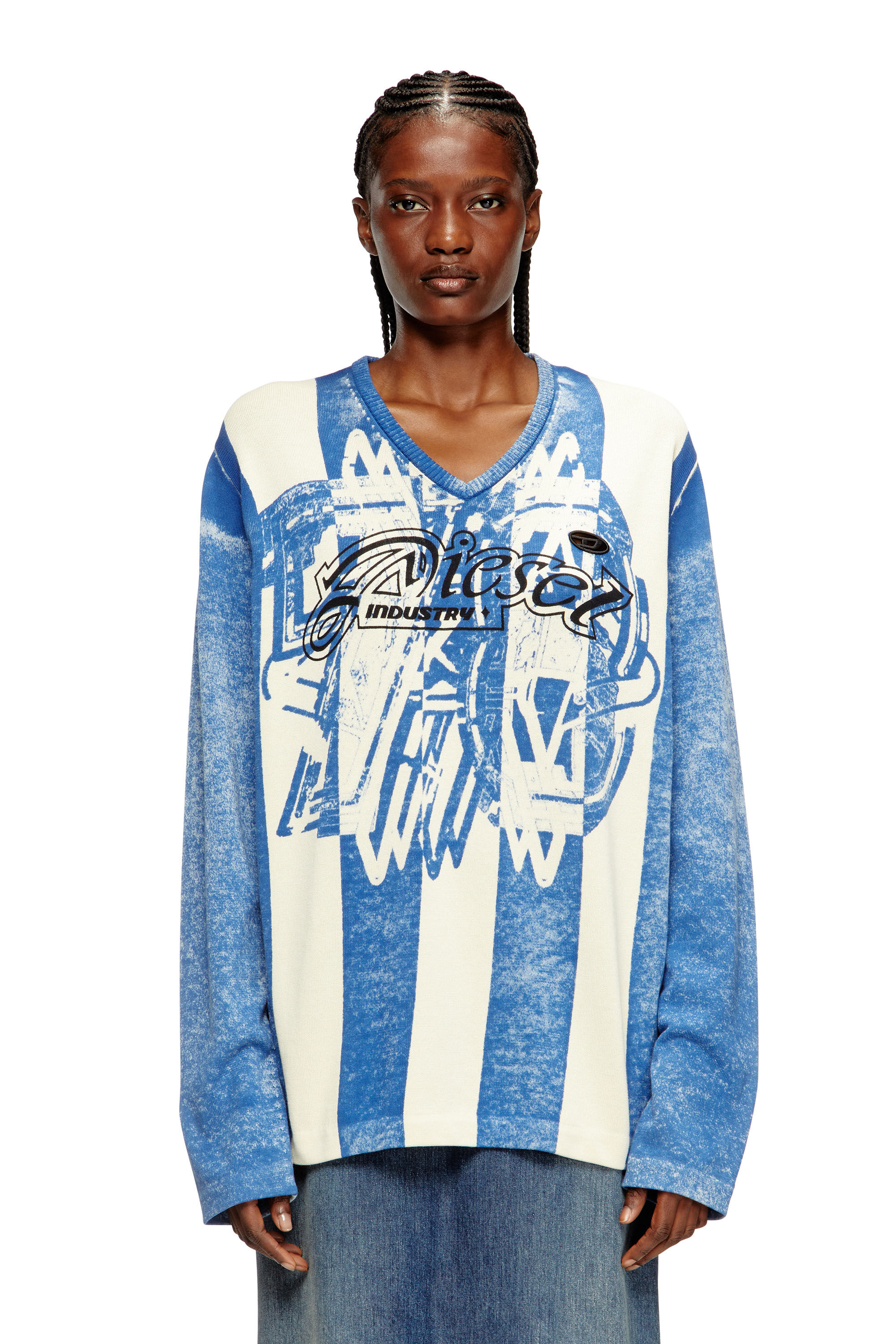 Diesel - K-OLIBA-V, Unisex Gestreifter Pullover mit Innen-Print in Blau/Weiss - 6