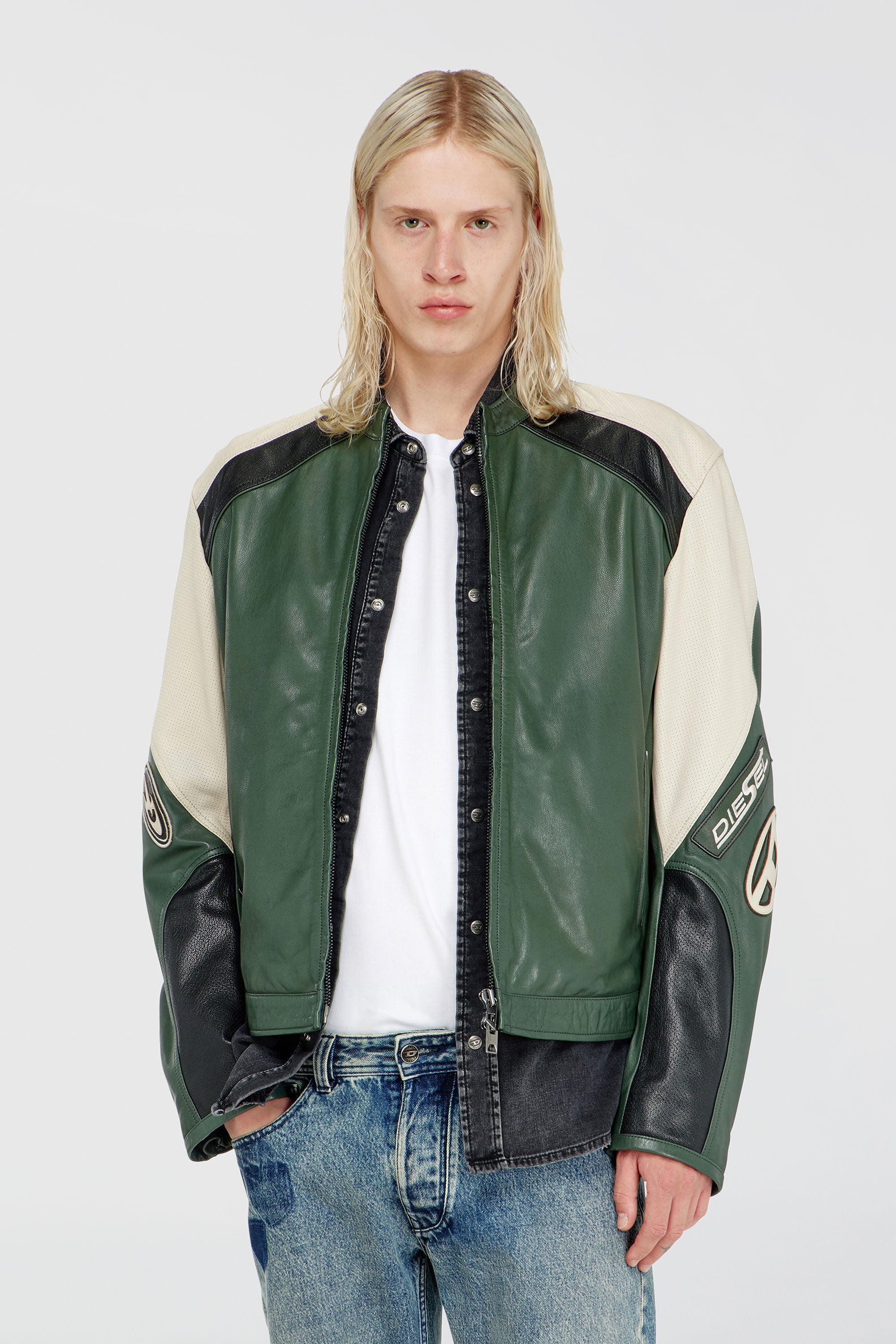 Diesel - L-AHTI, Herren Bikerjacke aus perforiertem Colour-Block-Leder in Beige/Schwarz - 3