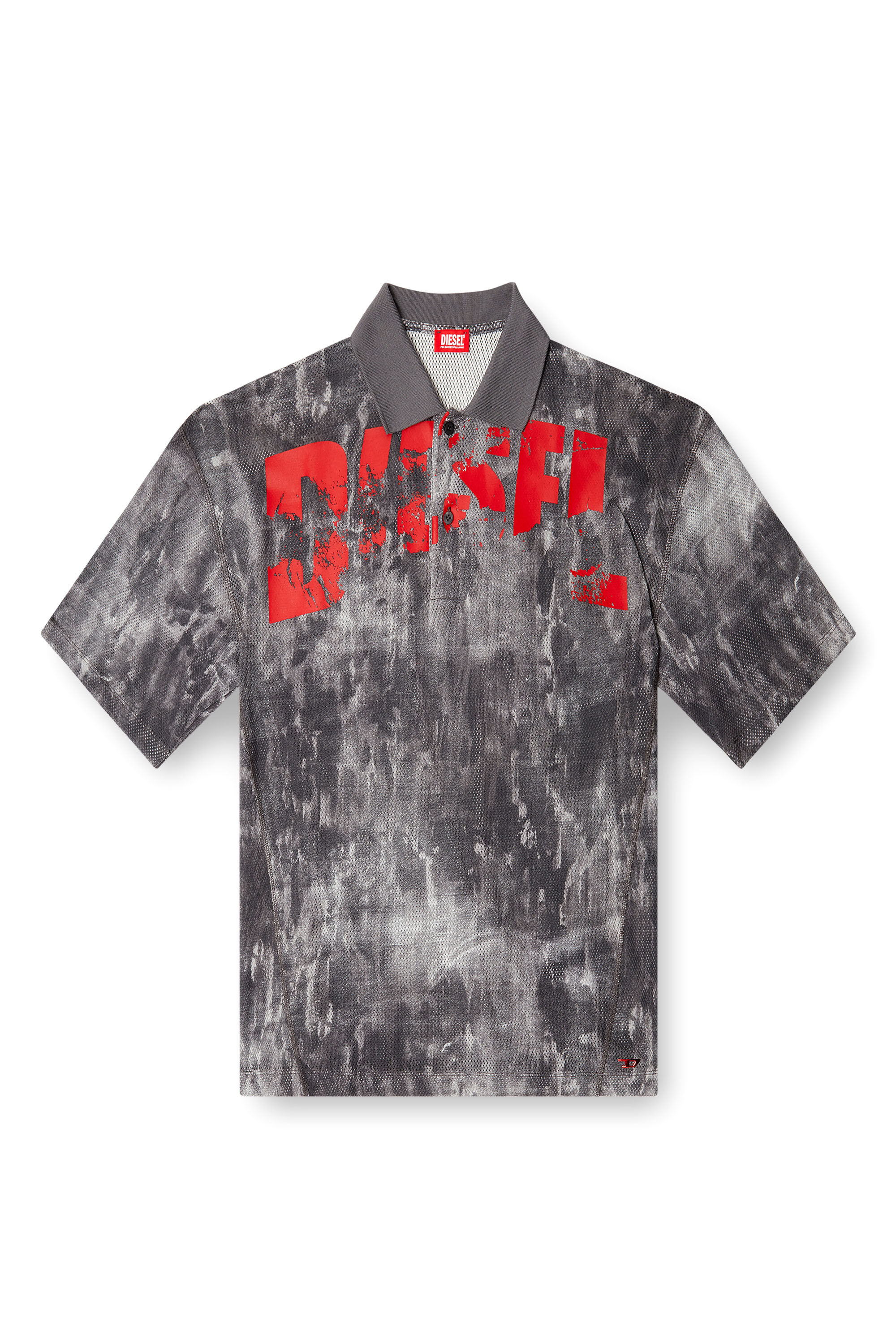Diesel - TIMOTHEE-D-POP, Herren Strand-Polohemd aus bedrucktem Mesh in Schwarz/Rot - 1