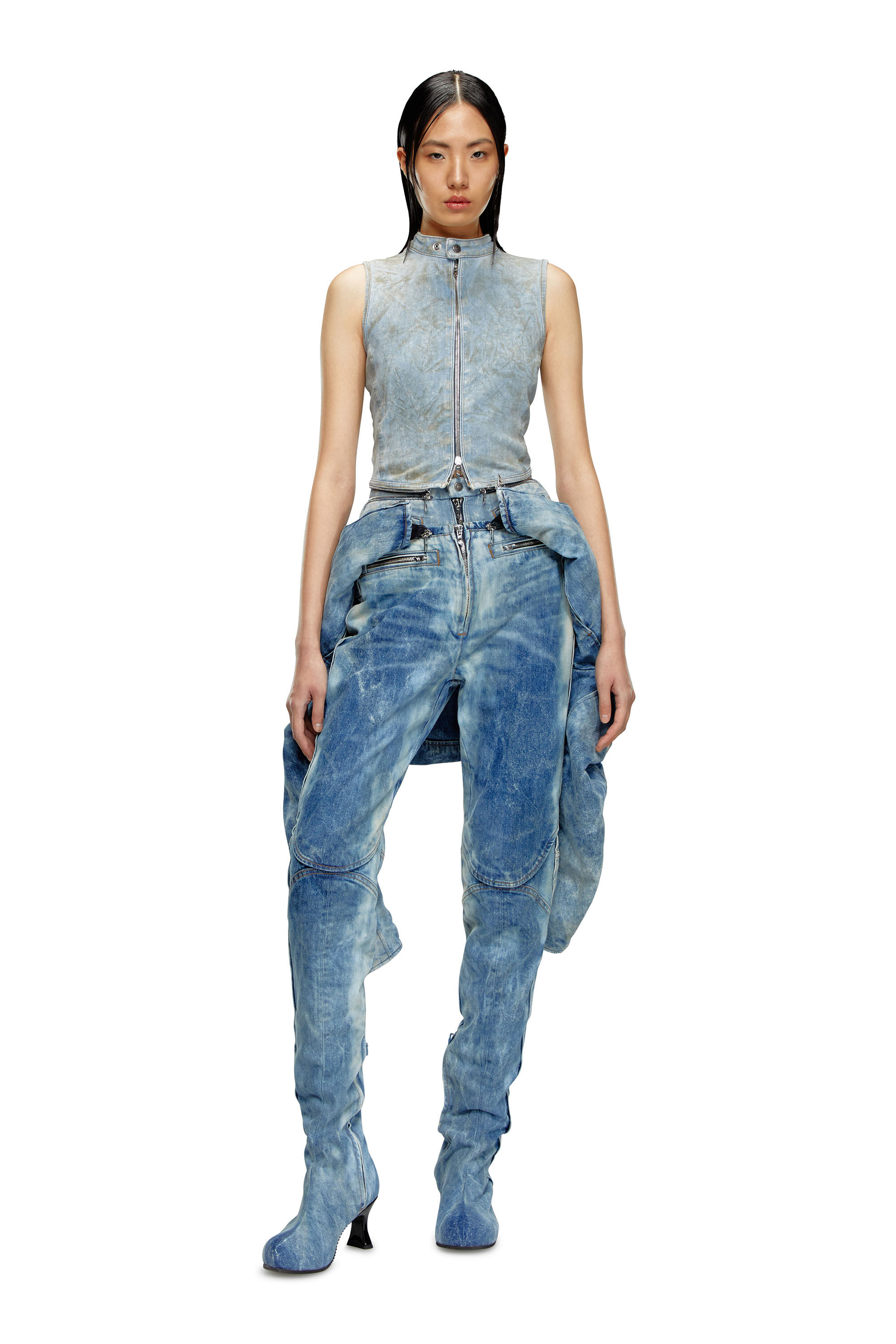 Diesel - DE-NATA-FSE, Damen Hautenges Denim-Top mit Biker-Details in Hellblau - 1