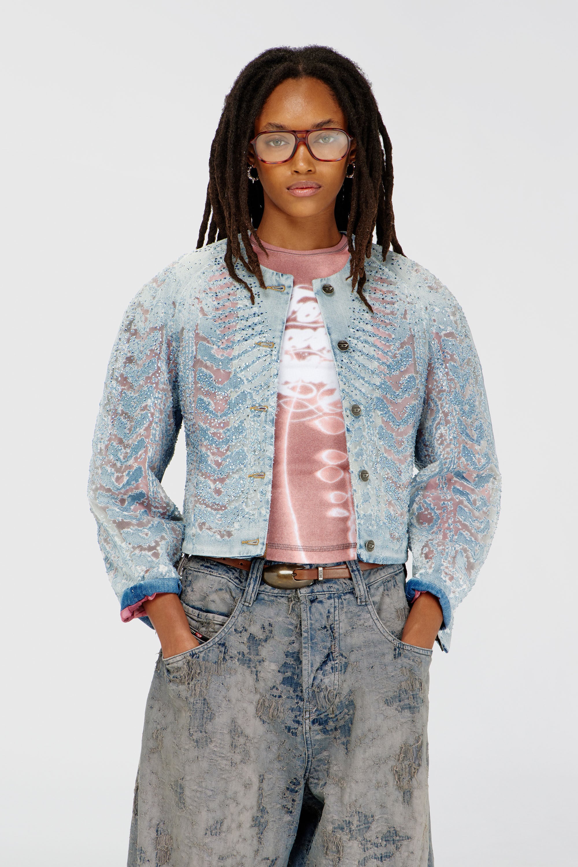 Diesel - DE-SOLIXIA-S, Damen Jacke aus microstone devor&eacute; denim in Hellblau - 3