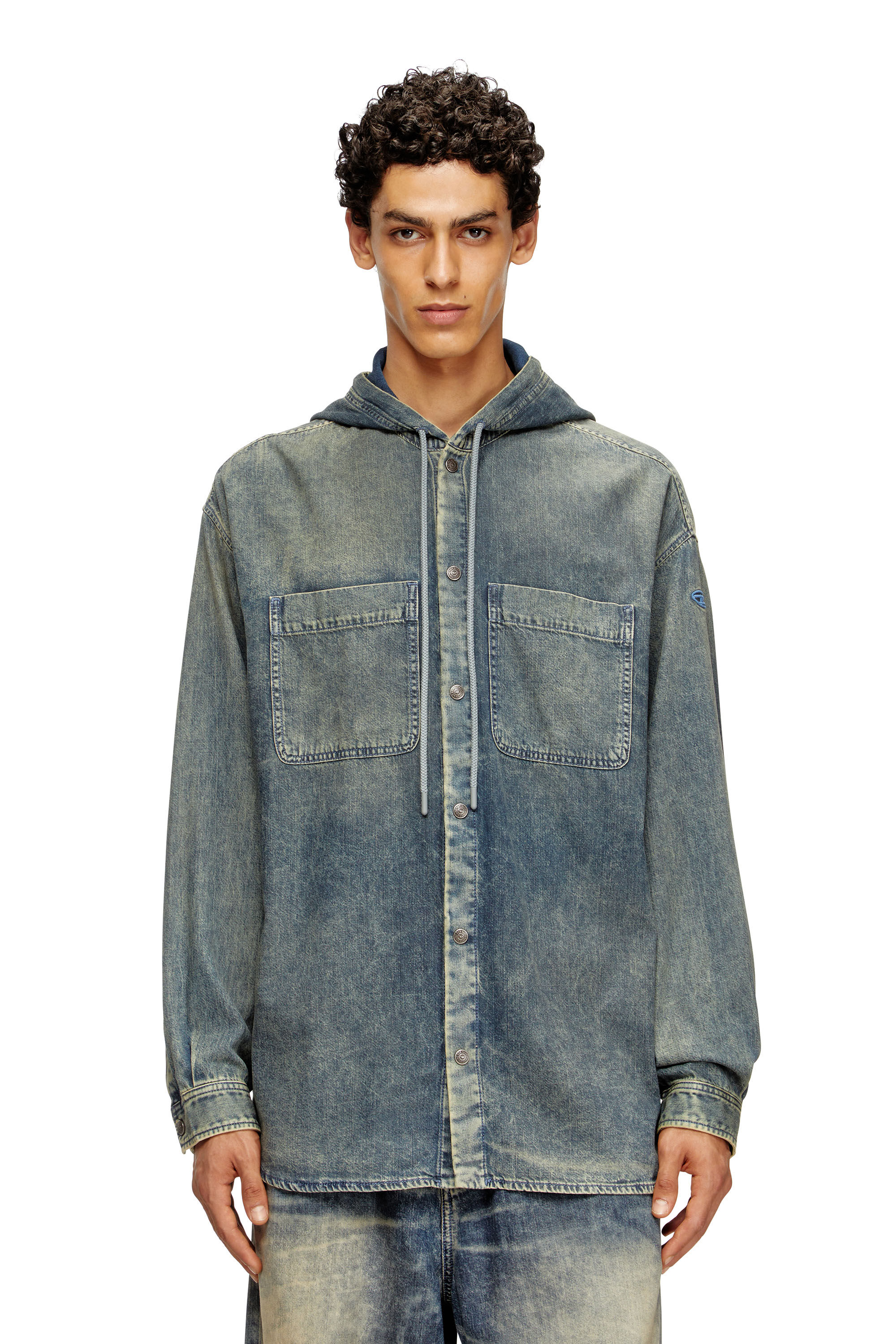 Diesel - D-DEWNY-HOOD-S2, Herren Overshirt aus marmoriertem beschichtetem Denim in Mittelblau - 3