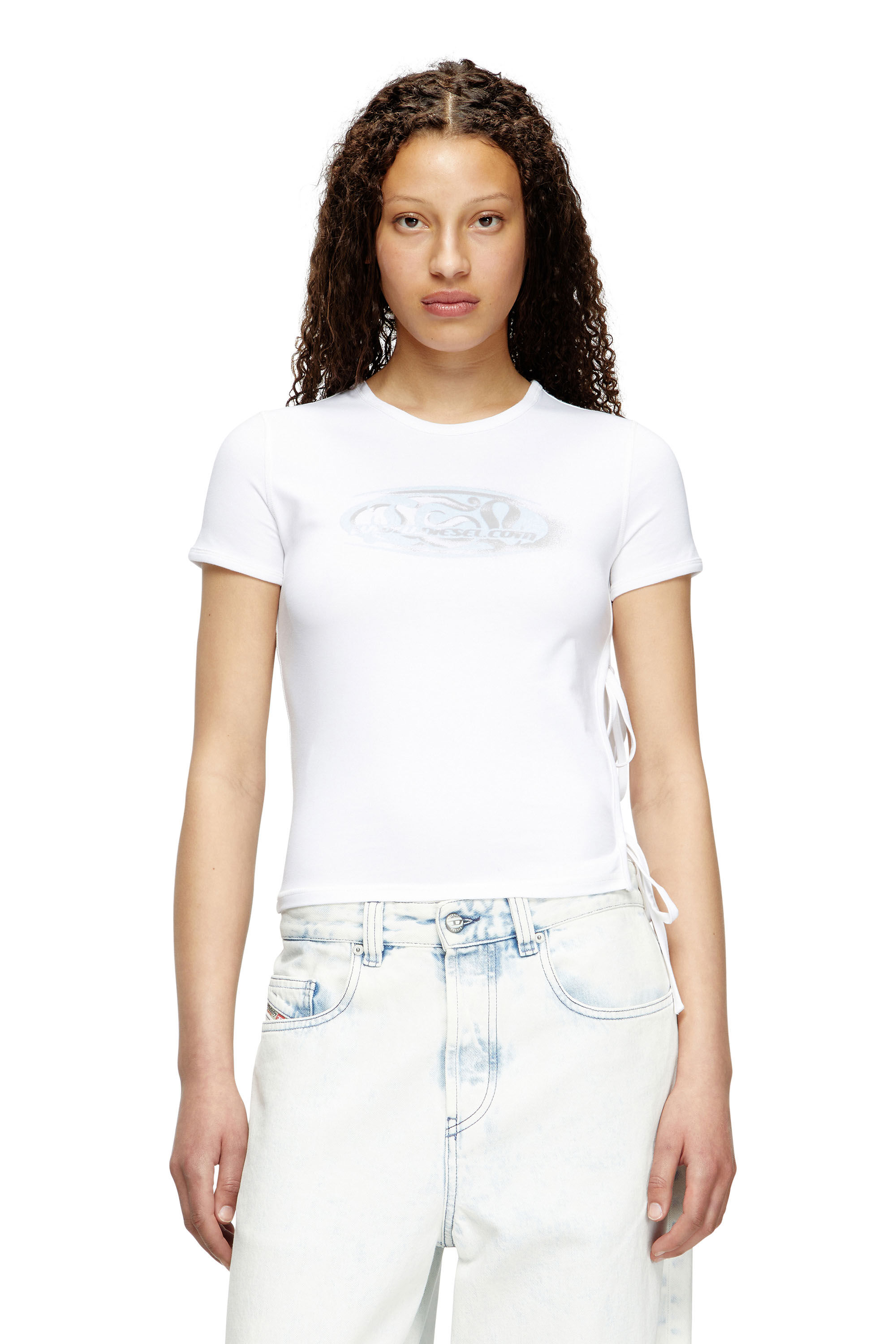 Diesel - T-LAYA, Damen Seitlich knüpfbares T-Shirt mit Grafik-Logo in Weiß - 3
