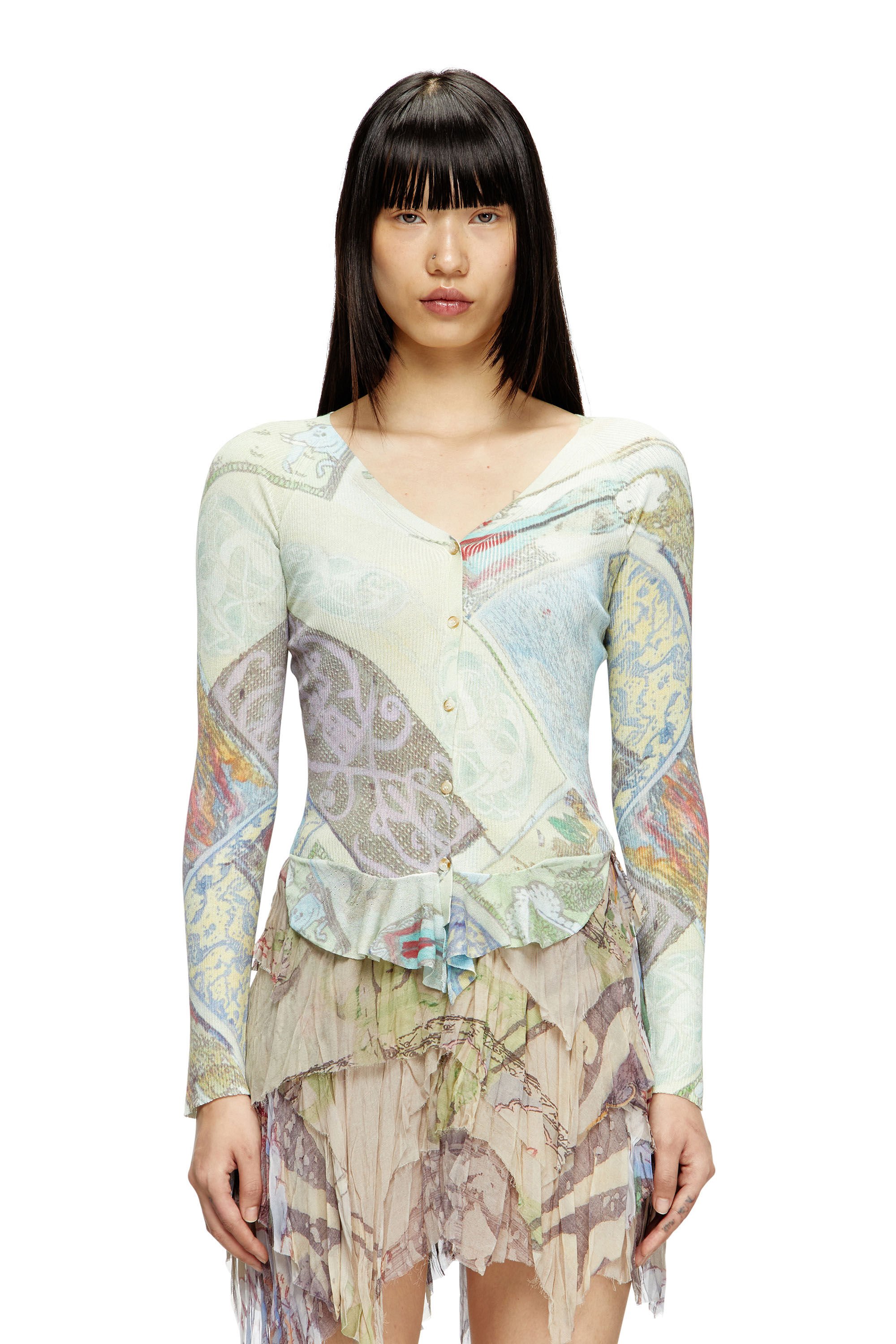 Diesel - M-FIORINA, Damen Verkürzter Cardigan mit mittelalterlichem Print in Blau/Grün - 2