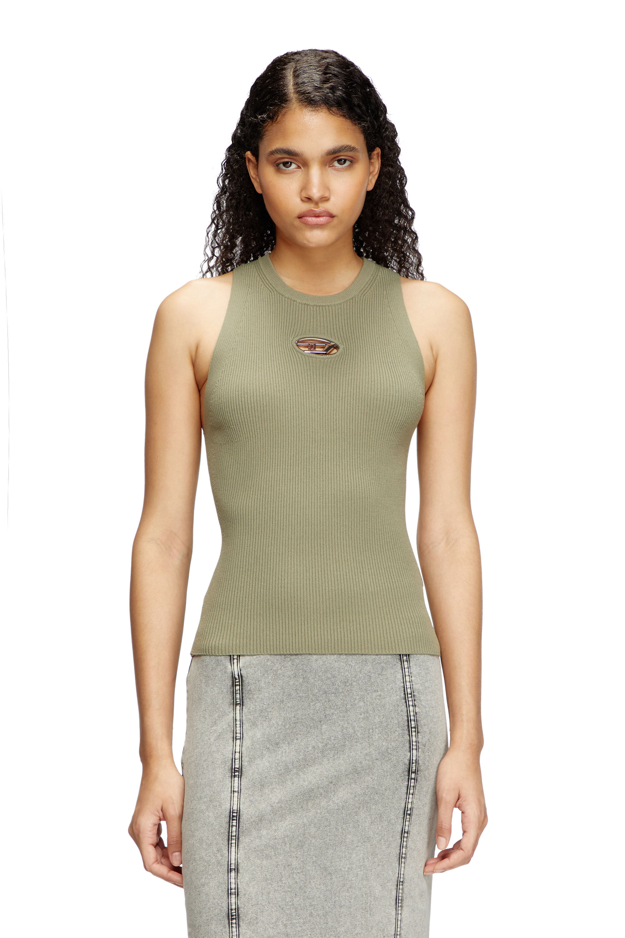 Diesel - M-CADDIX-TOP, Damen Top in Rippstrick-Optik mit kleiner Logo-Plakette in Grün - 3