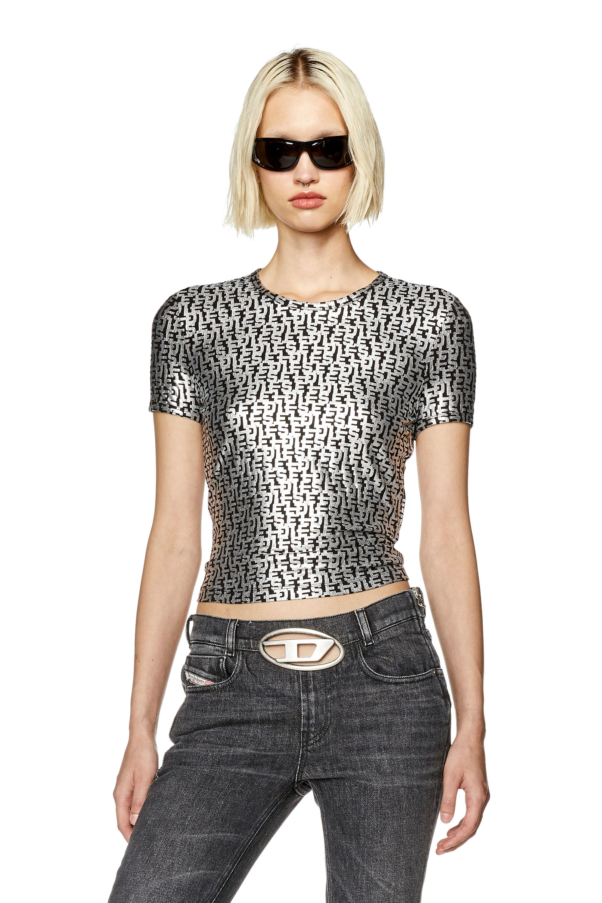 Diesel - T-UNCUTIE-LONG-L5, Damen T-Shirt mit Folien-Monogram-Print in Schwarz/Grau - 3