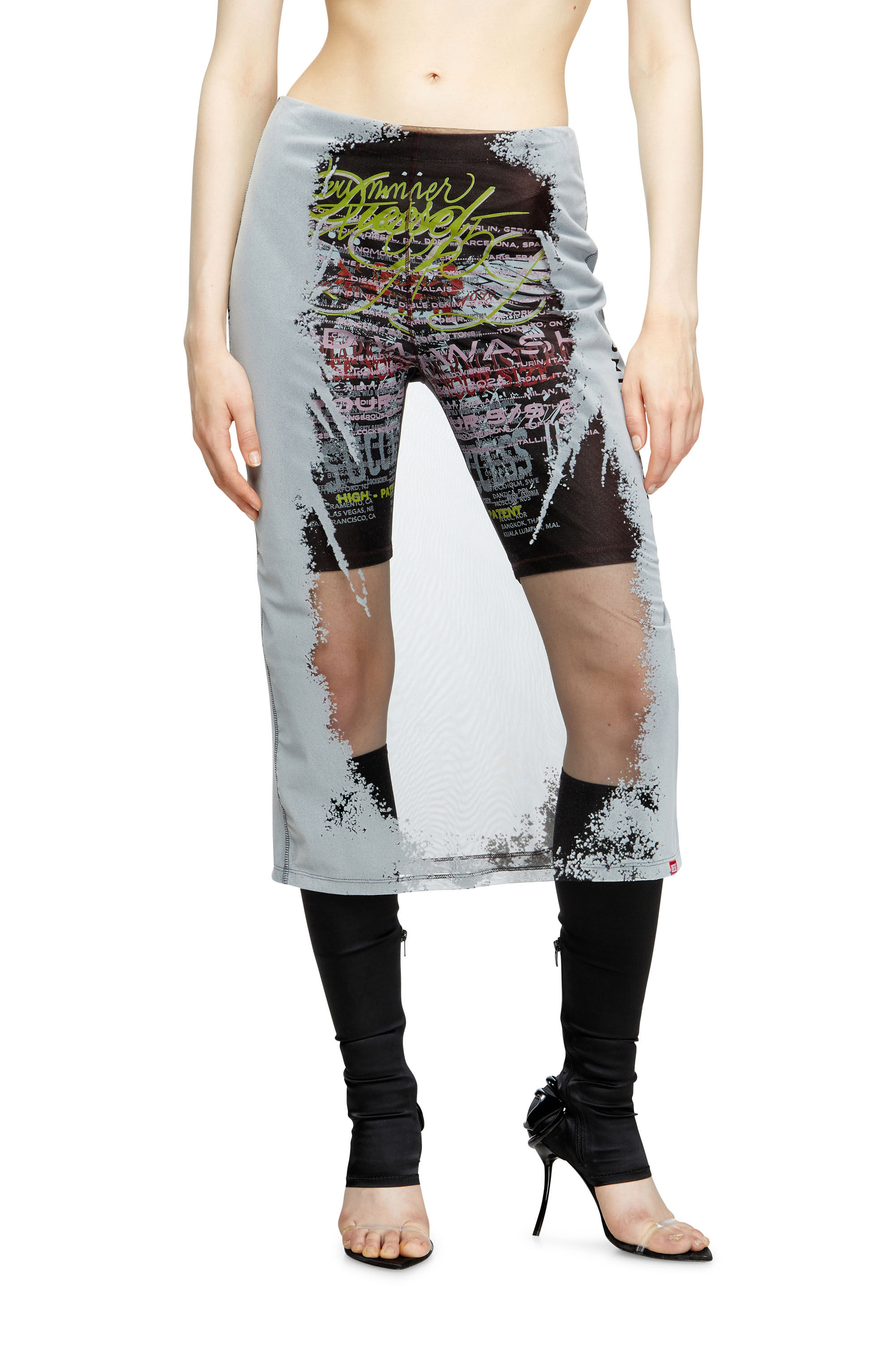 Diesel - O-LYAC, Damen Mehrlagiger Midi-Rock mit Text-Print in Schwarz/Grau - 3