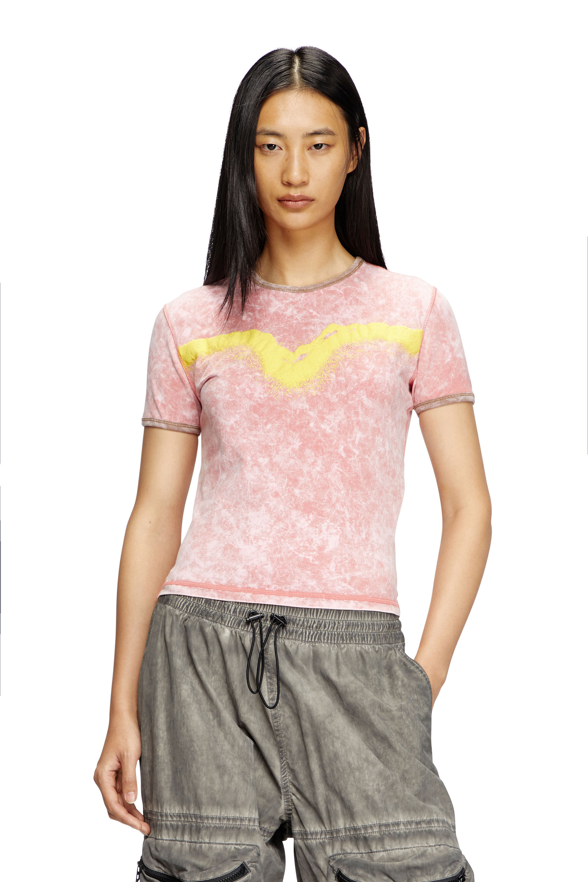 Diesel - T-UNCUTIE-LONG-Q3, Damen T-Shirt in schmalem Fit mit Oval D-Puff-Print in Rosa - 3
