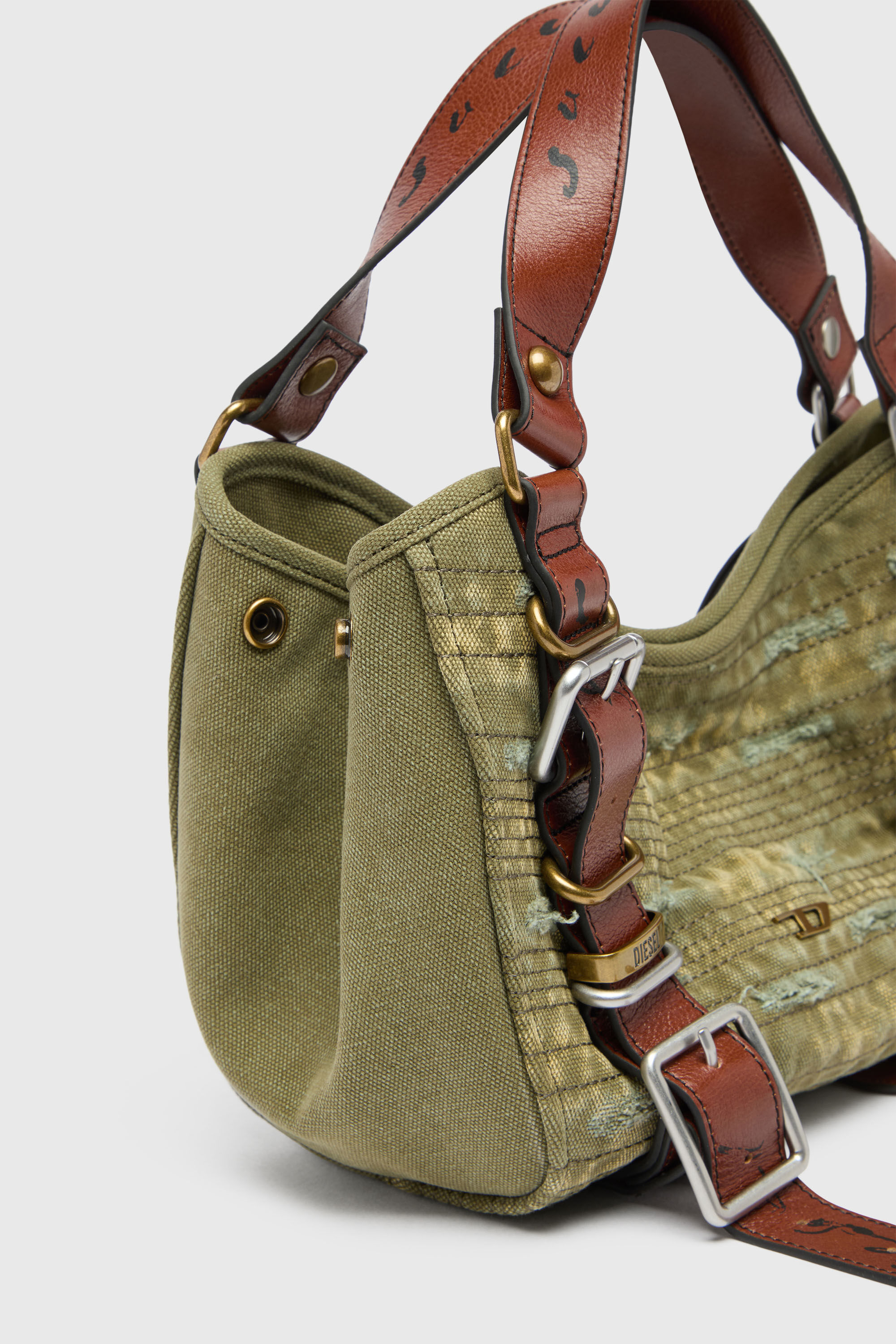 Diesel - D-ONE TOPHANDLE S, Damen D-One-Small Top-Handle-Tasche aus Canvas mit Lederbesatz in Gr&uuml;n - 7