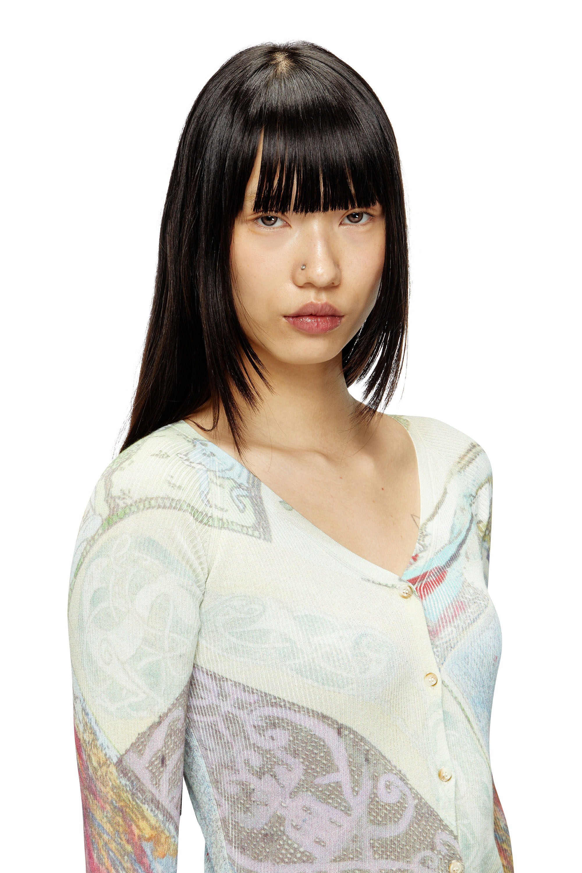 Diesel - M-FIORINA, Damen Verkürzter Cardigan mit mittelalterlichem Print in Blau/Grün - 4