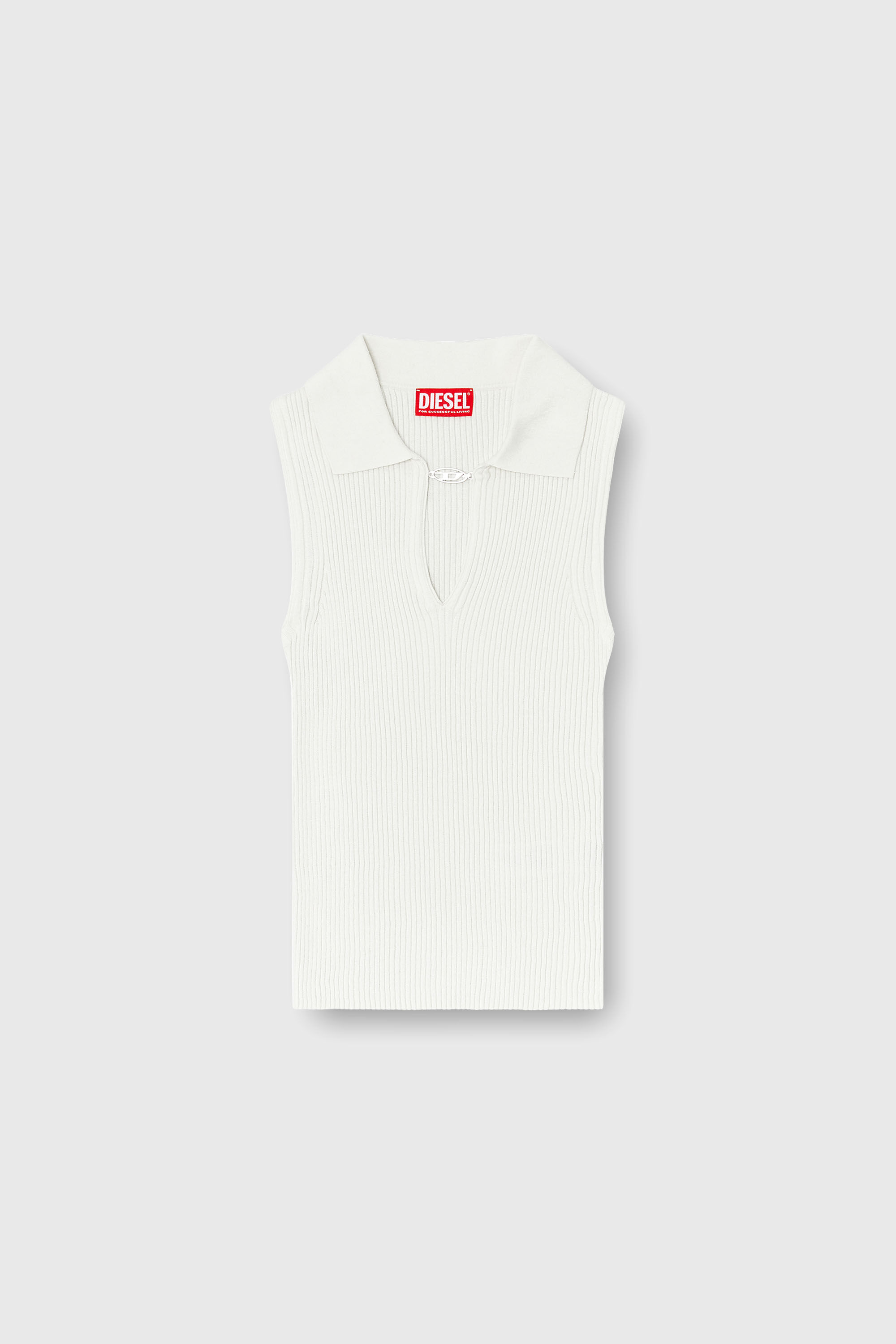 Diesel - M-LILITA, Damen &Auml;rmelloses Polo-Top aus Rippstrick mit Seidenmix in Wei&szlig; - 2
