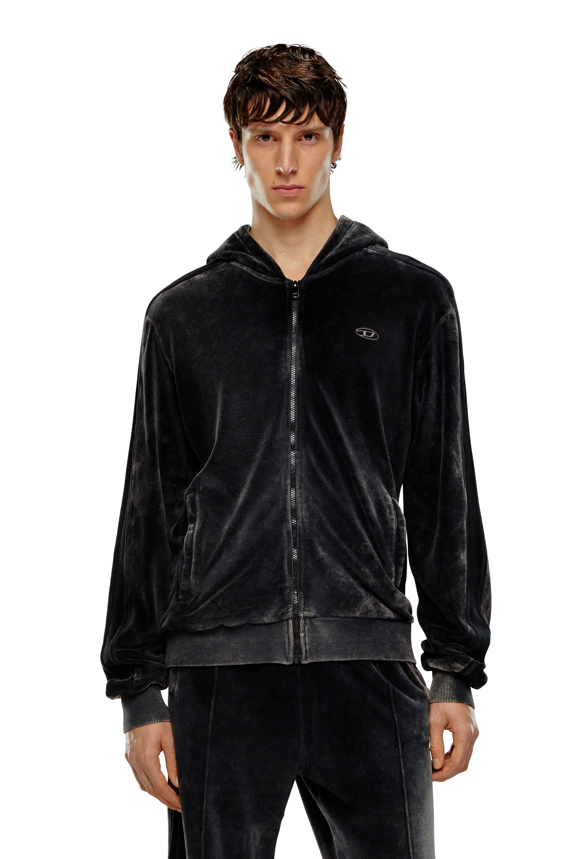 Diesel - S-OCLOCK, Man Acid-wash chenille zip-up hoodie in Black - Image 3