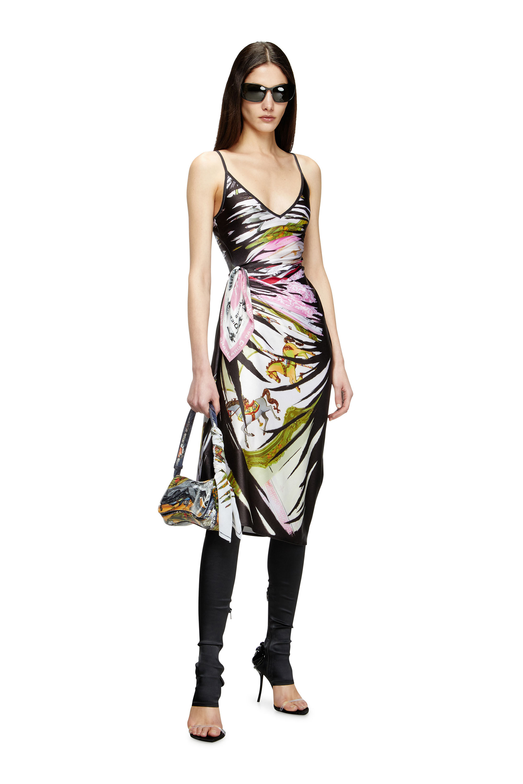 Diesel - D-OROTYS, Damen Drapiertes Midi-Kleid mit Bandana-Print in Schwarz/Weiss - 1