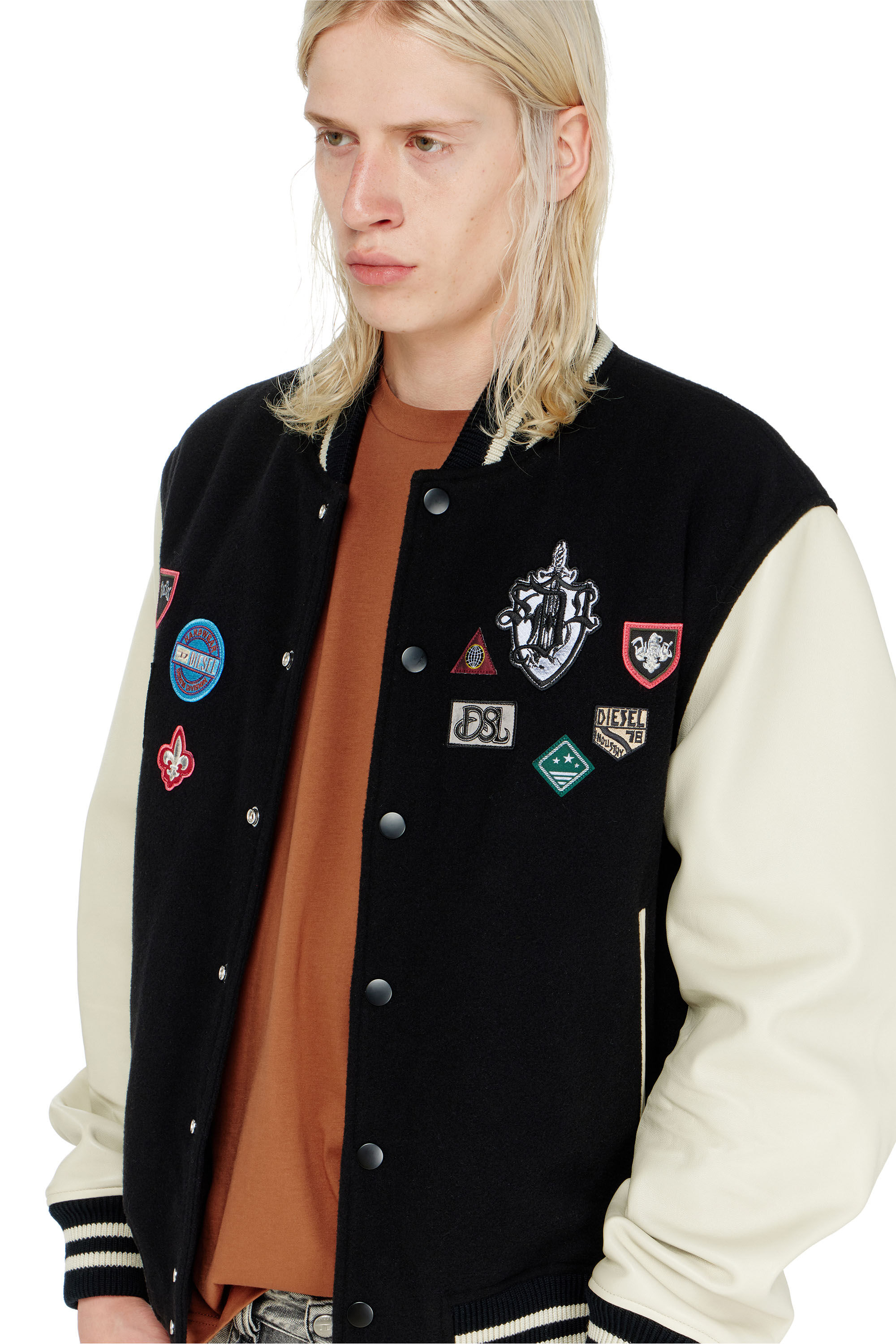 Diesel - L-ARRY-PATCH, Herren Bomberjacke aus Wolle und Leder mit Patches in Weiss/Schwarz - 6