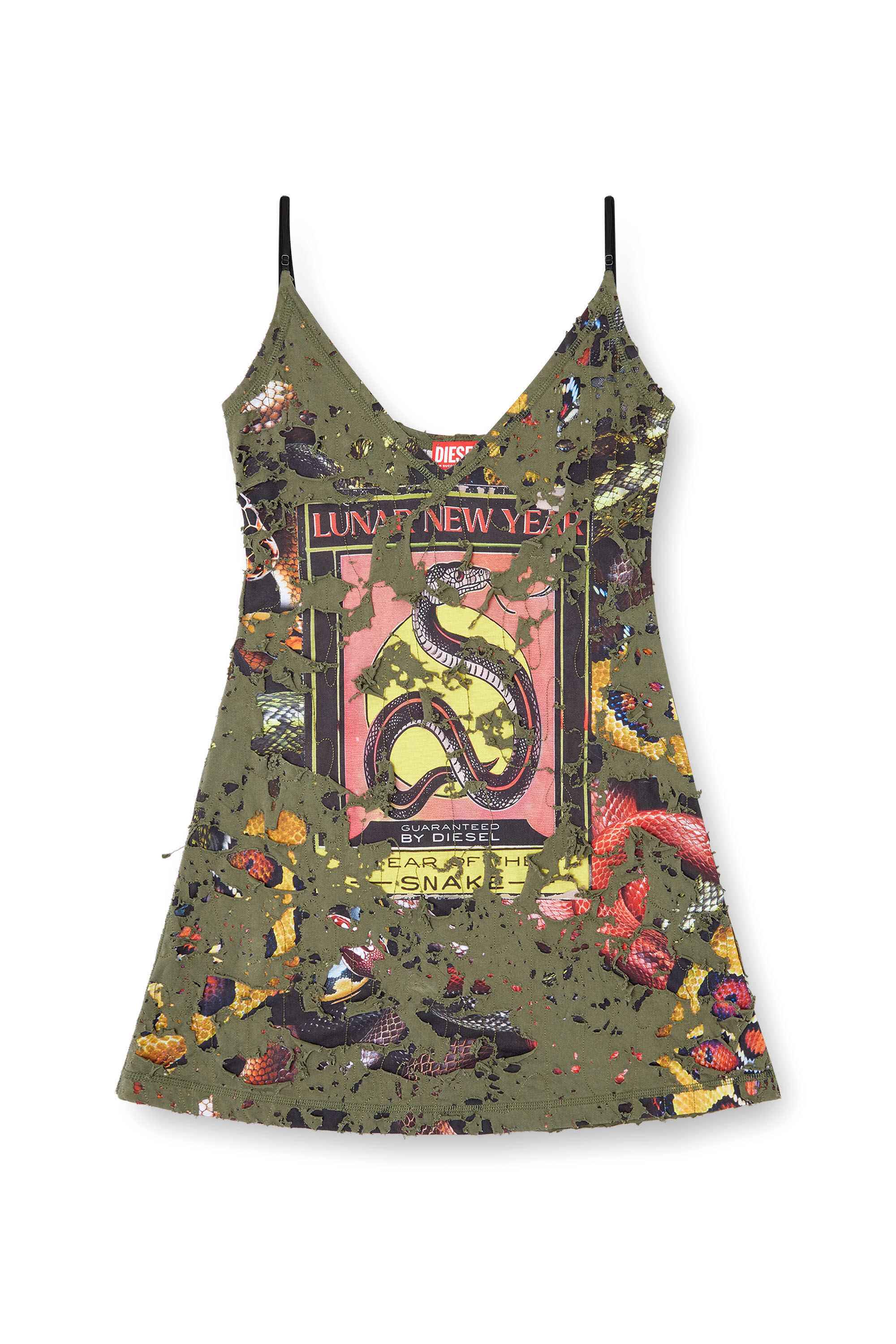 Diesel - CL-D-JENA-DEV-SNAKE, Damen Destroyed-Slip-Kleid mit Schlangen-Print in Olivgrün - 2