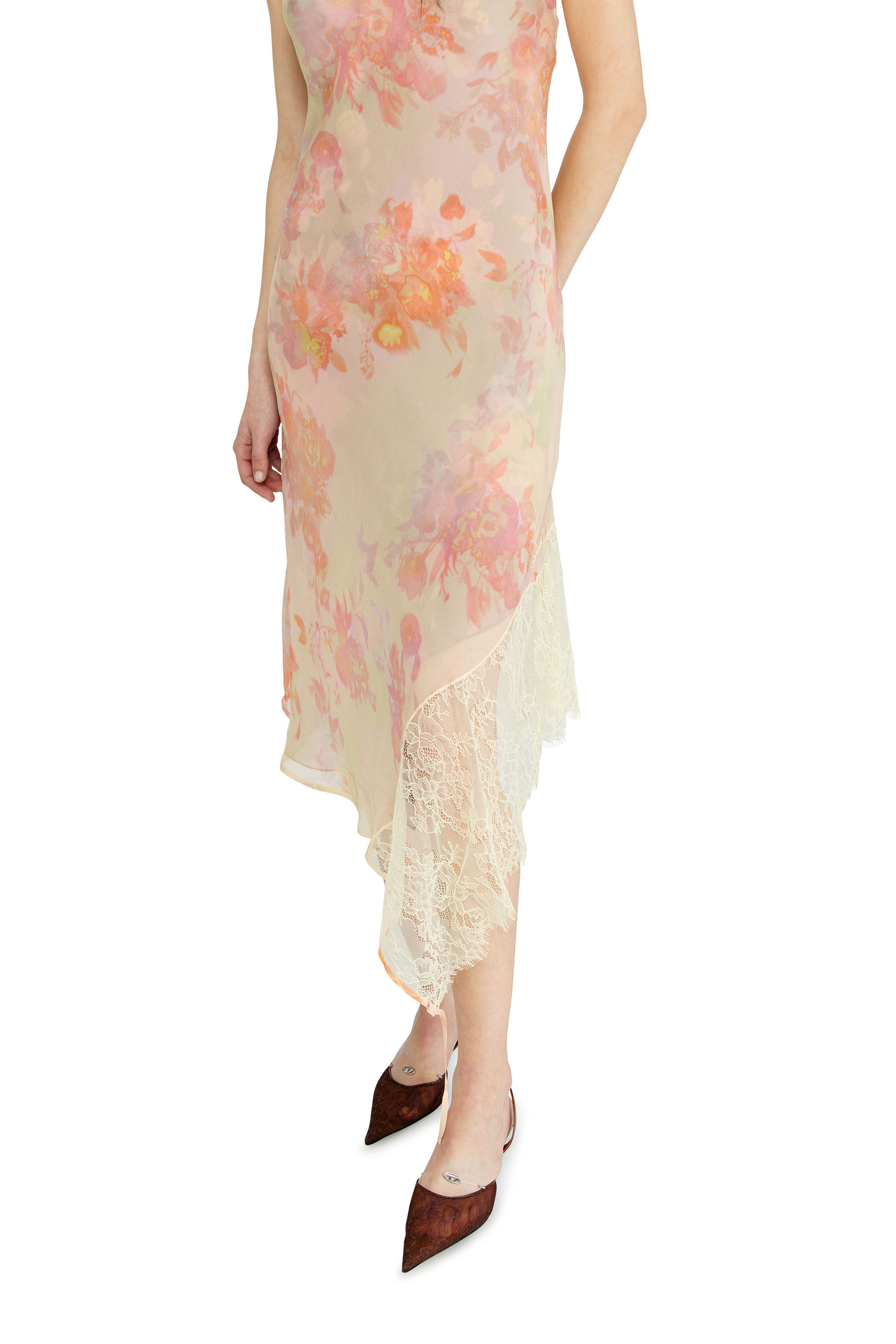 Diesel - D-ANCEL, Damen Midikleid aus Satin mit Blumenmuster und Spitzenbesatz in null - 5