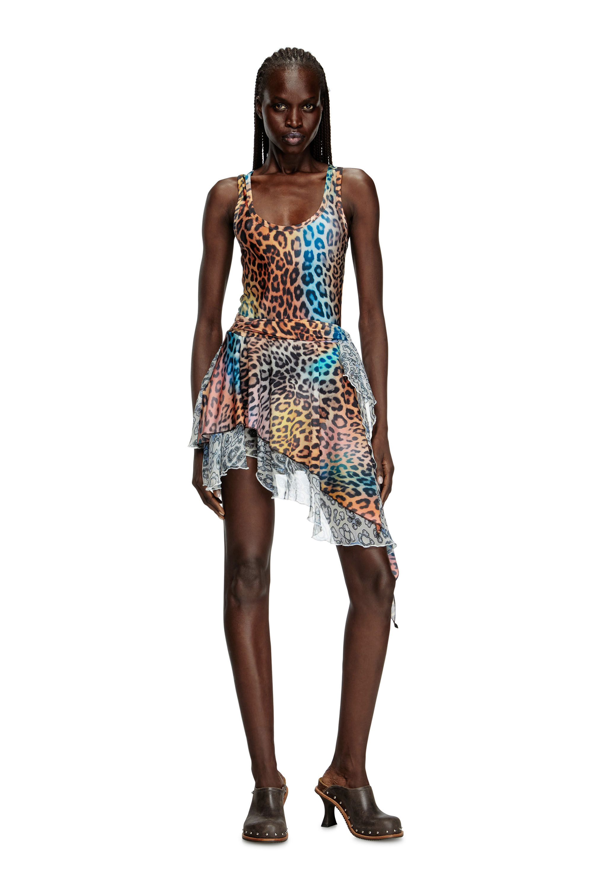 Diesel - D-OPERA-Q1, Damen Kurzes, asymmetrisches Kleid mit Leoparden-Print in null - 1