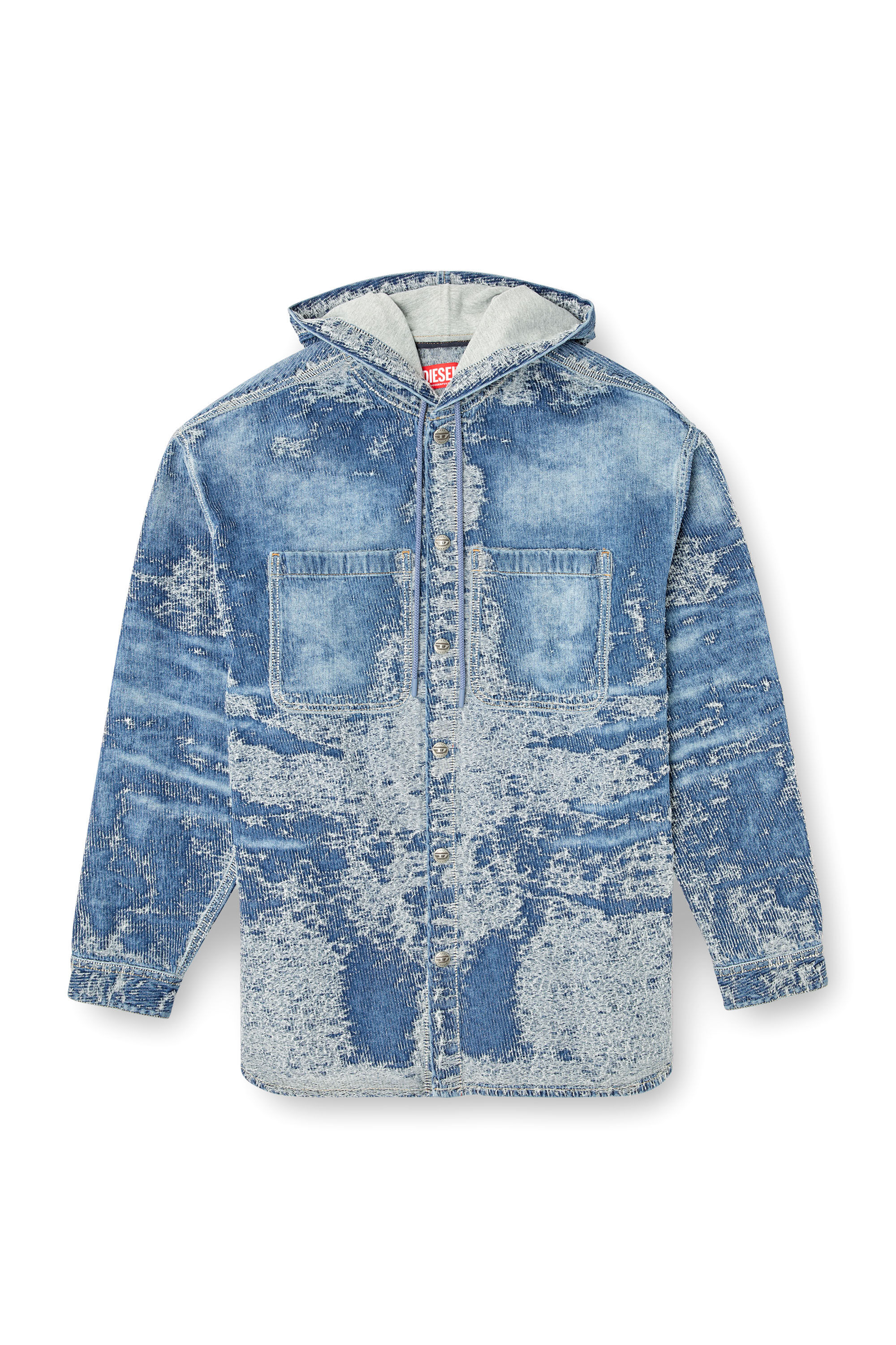 Diesel - D-DEWNYS-HOOD-S, Man's Overshirt in distressed jacquard denim in Medium blue - 2