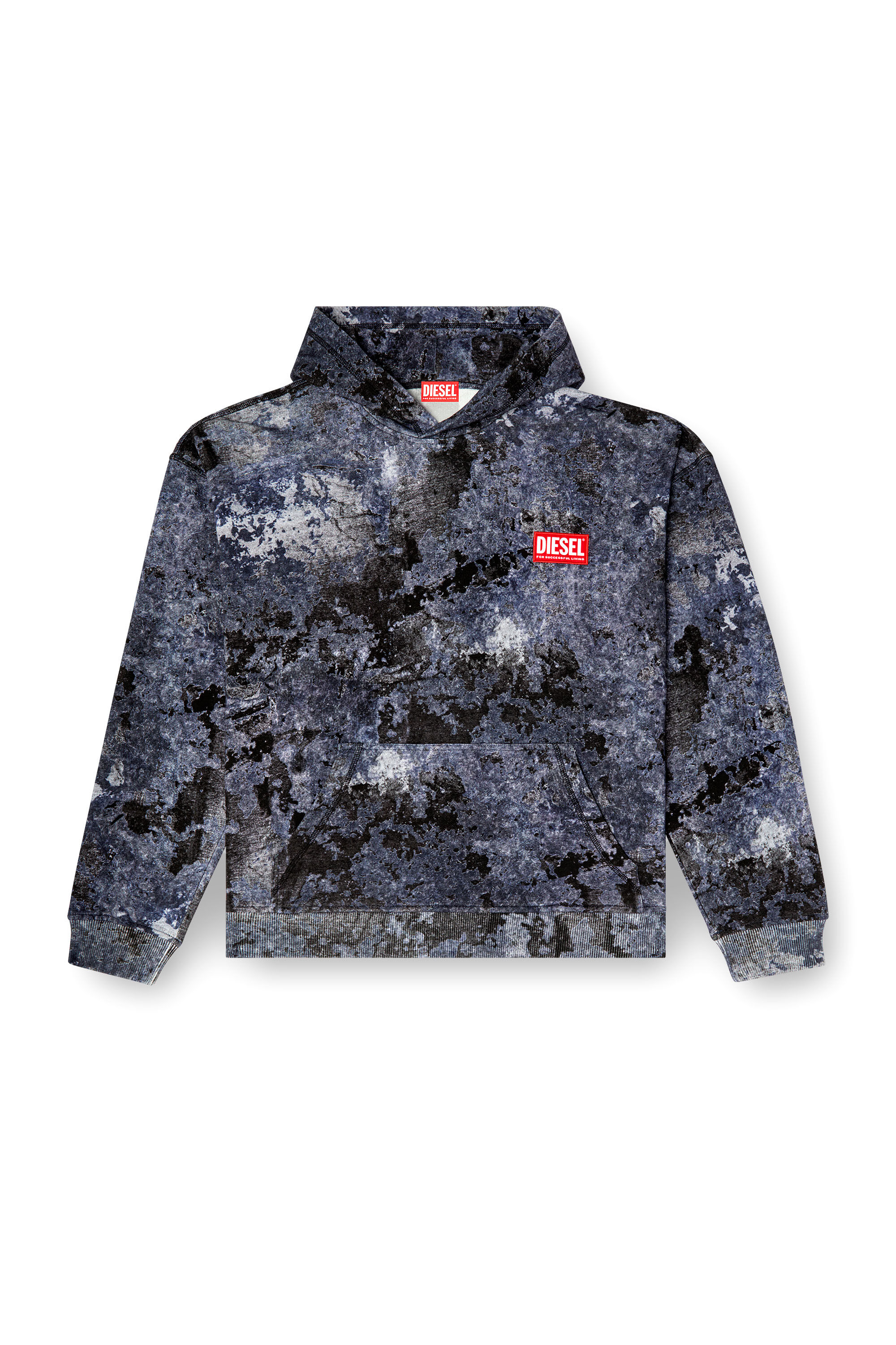 Diesel - S-BOXT-HOOD-R8, Herren Ausbrenner-Hoodie mit Marmor-Effekt in Blau - 2