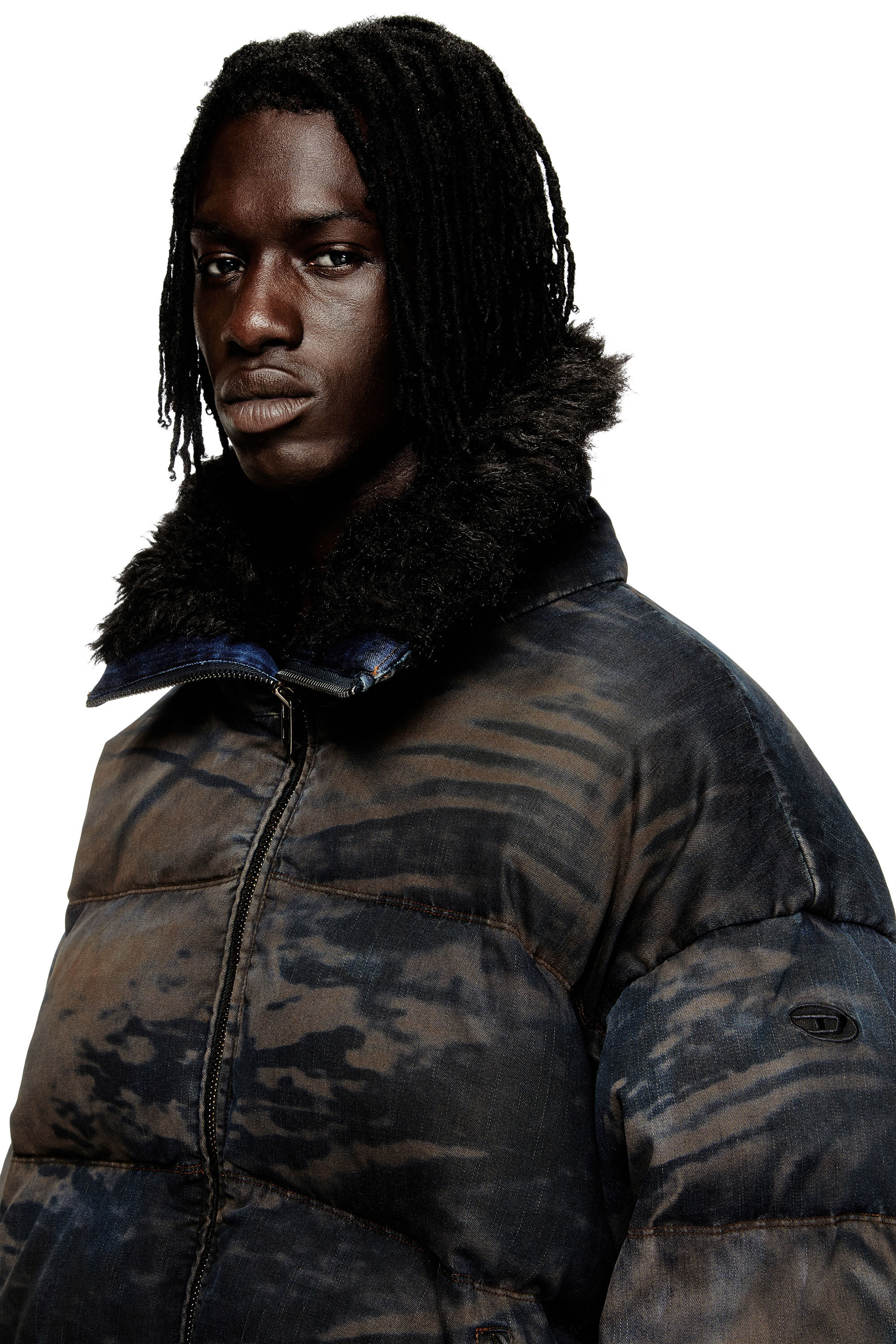 Diesel - W-JOHNS, Herren Daunen-Jacke aus Camouflage-Denim mit Schmutz-Effekt in Schwarz/Braun - 5
