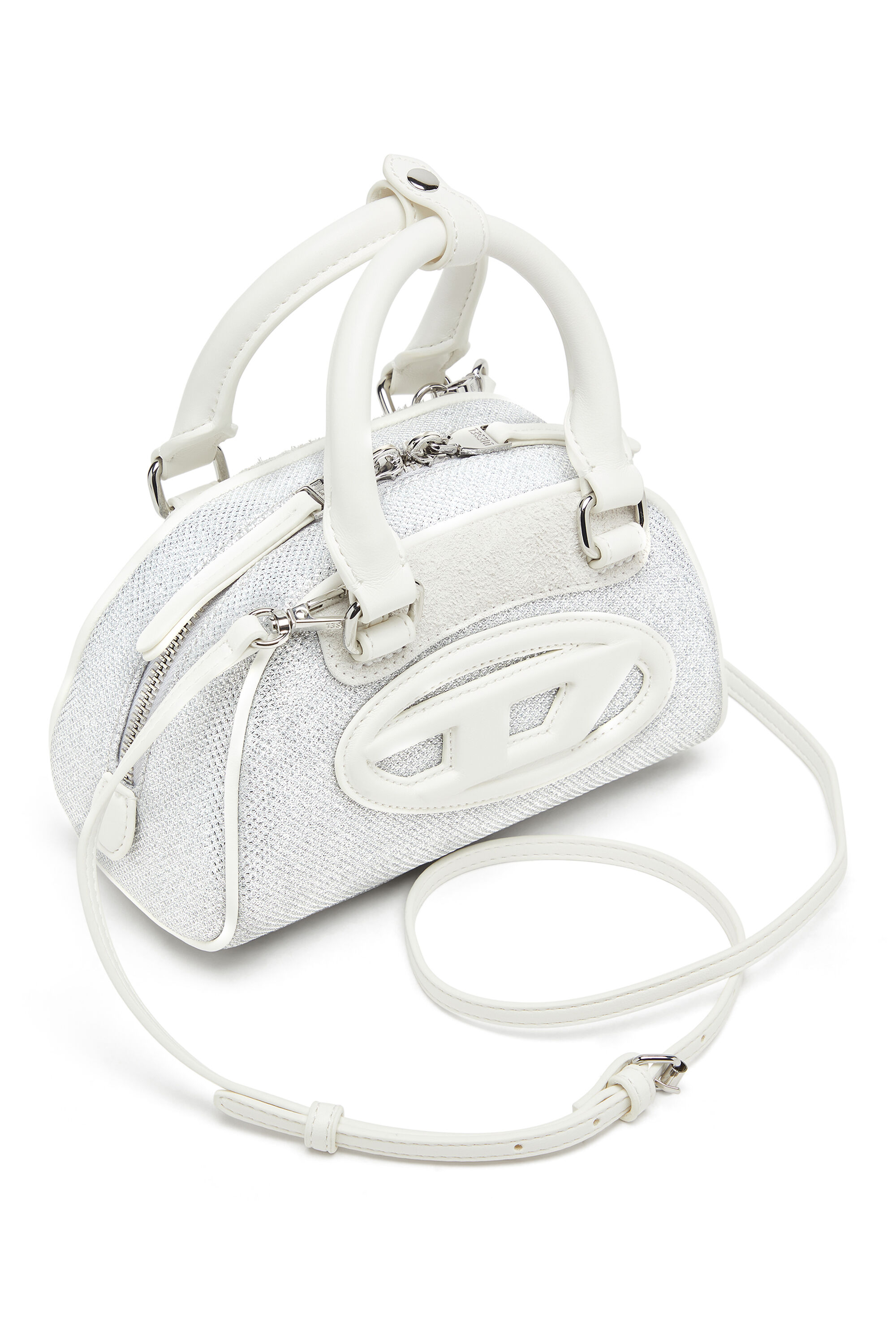 Diesel - 1DR DOME CROSSBODY, Damen 1DR Dome-Mini-Bowling-Tasche aus Lurexstoff in Weiß/Grau - 5
