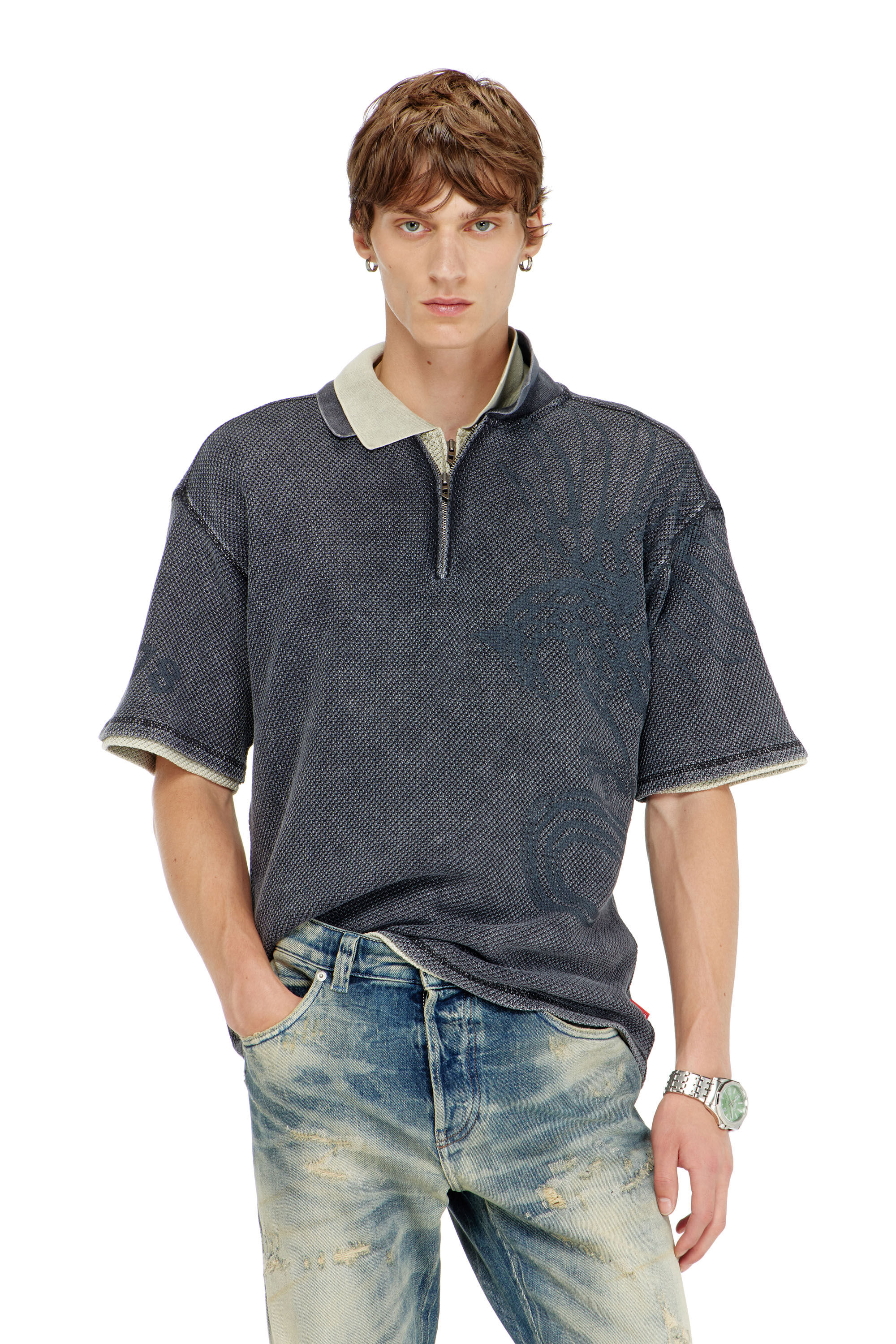 Diesel - T-ERRY-ZIP, Herren Mesh-Jacquard-Poloshirt mit Phoenix-Print in Dunkelgrau - 3