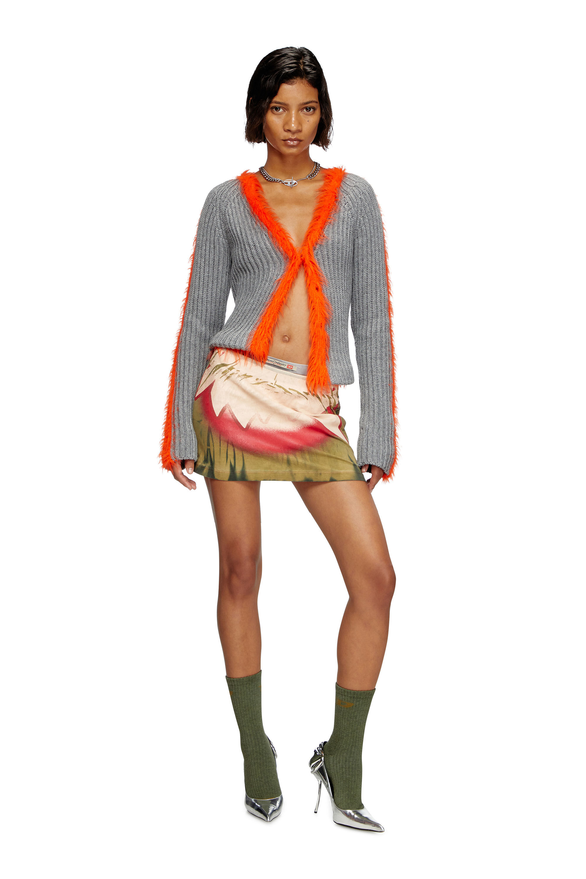 Diesel - M-TANITA, Damen Gerippter Cardigan mit flauschigen Besätzen in Grau/Orange - 1