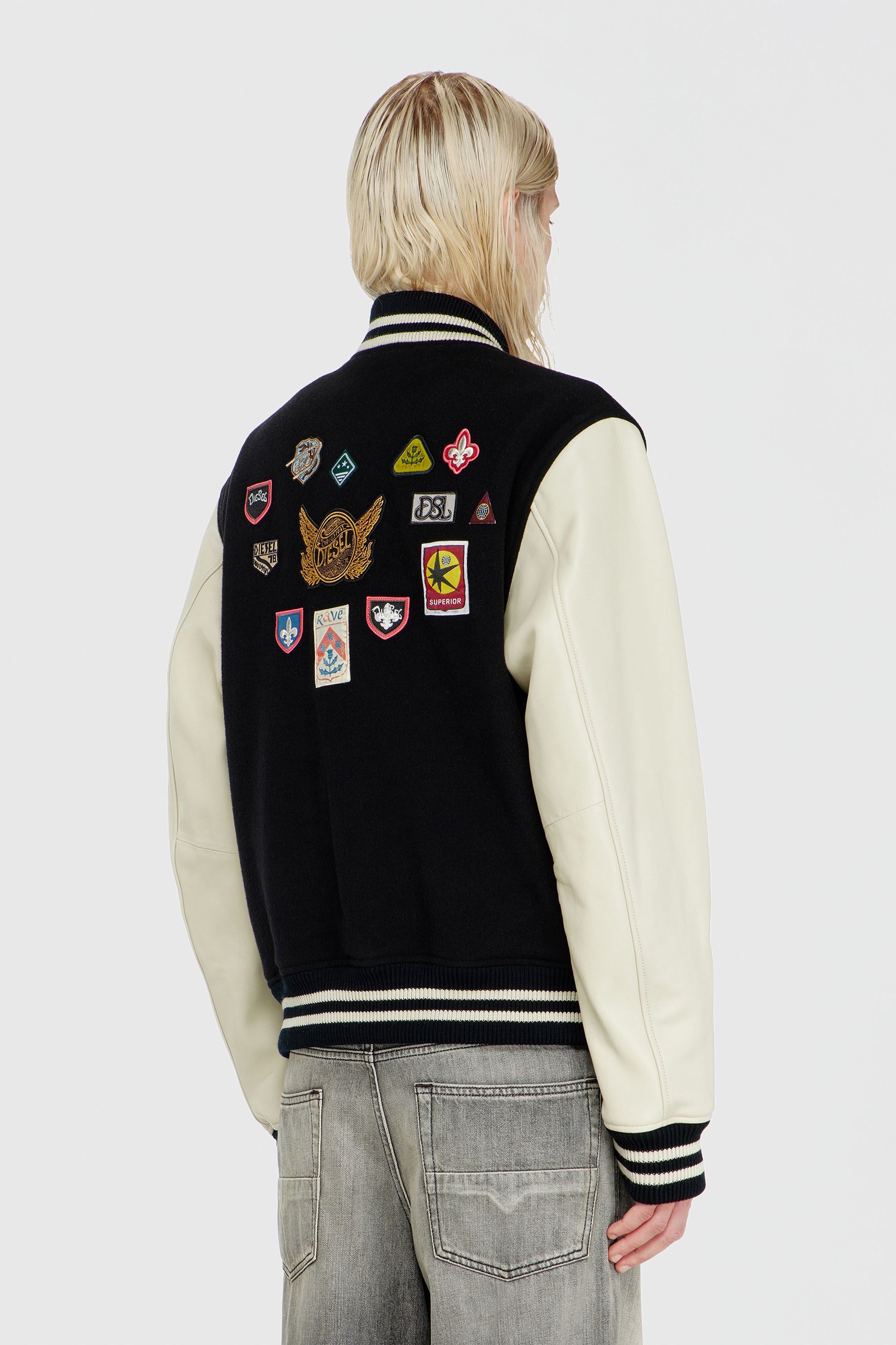 Diesel - L-ARRY-PATCH, Man's Wool and leather bomber jacket with patches in White/Black - 4