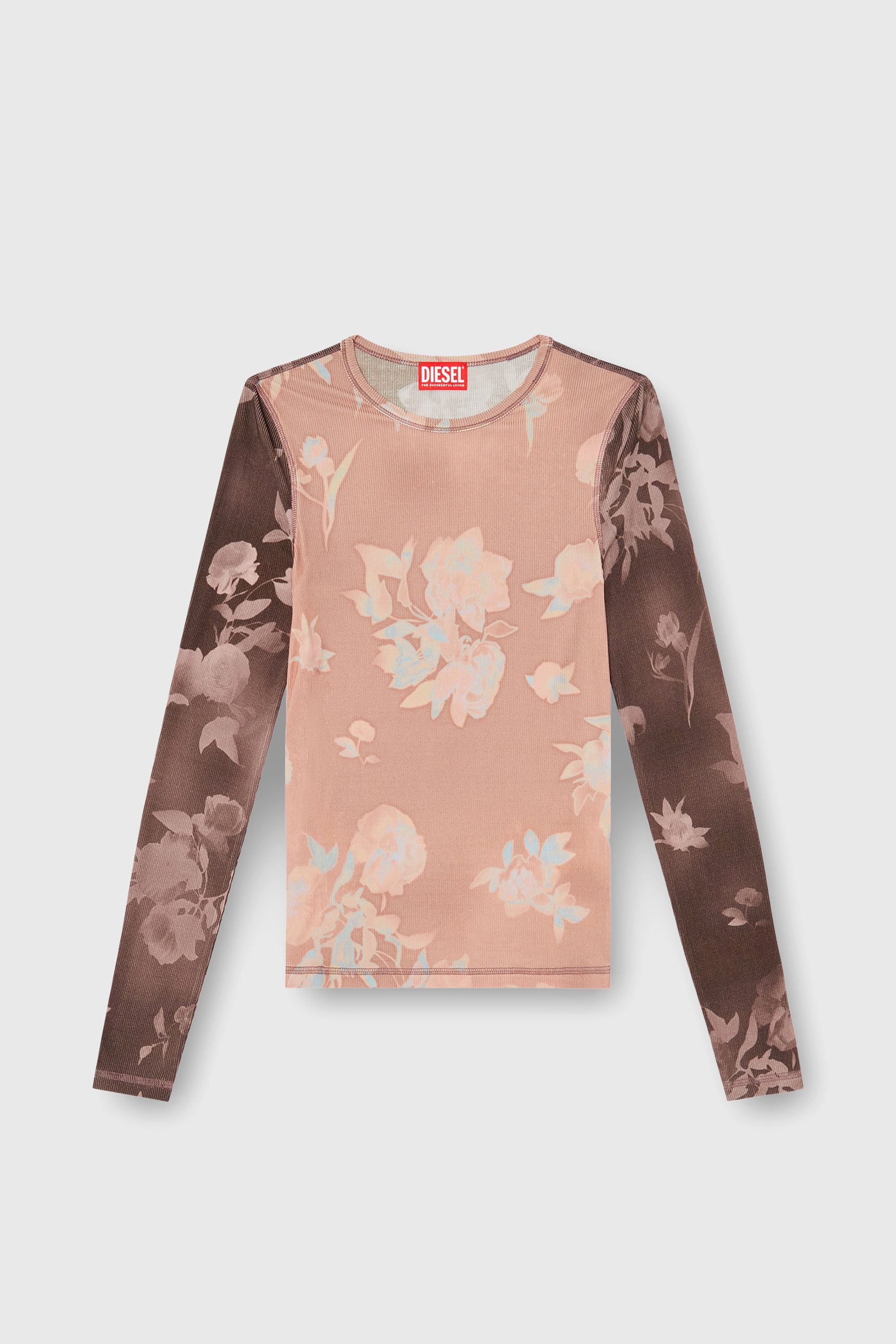 Diesel - T-MOKY-LS, Damen Top aus geripptem Jersey mit Blumenprint in Rosa/Braun - 2