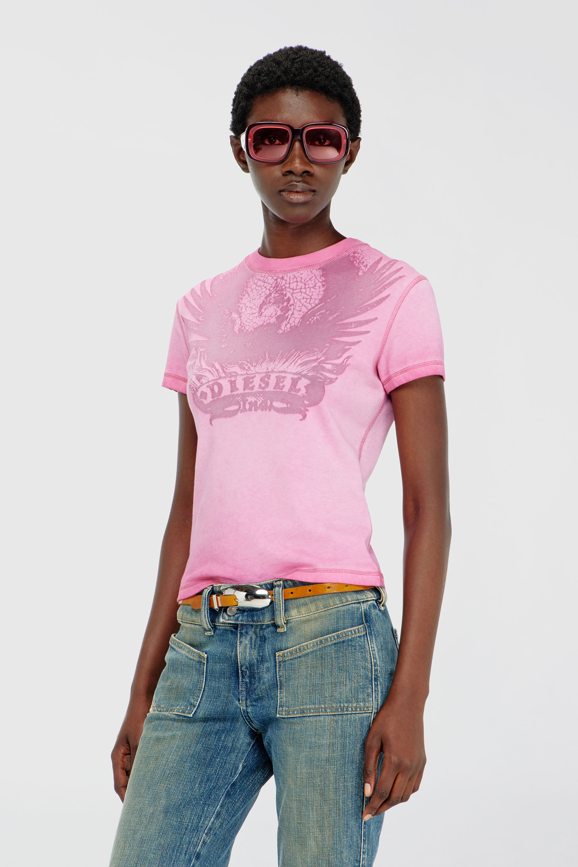 Diesel - T-ILA-AA7, Damen Slim T-shirt mit d&eacute;vor&eacute; Phoenix in Fuchsie - 3