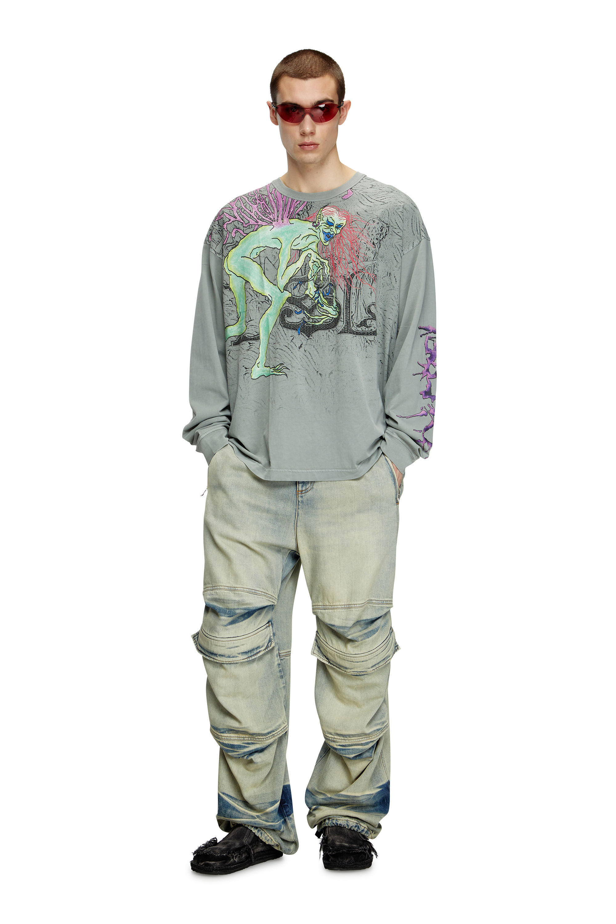 Diesel - T-BOXT-LS-R12, Herren Langarm-T-Shirt mit Tattoo-Grafiken in Grau - 1