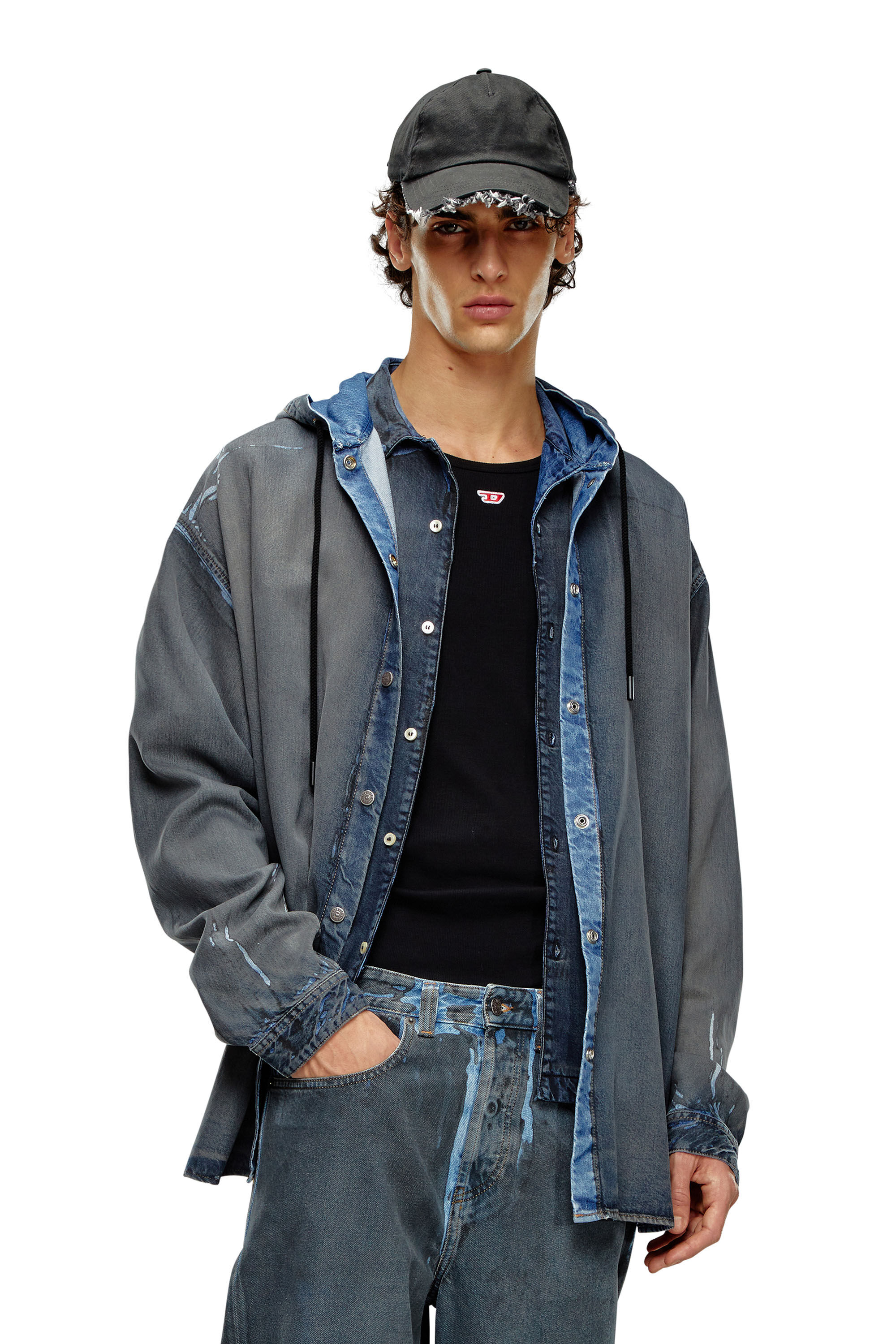 Diesel - D-DEWNY-HOOD-S1, Herren Hybridshirt aus beschichtetem vielgetragenem Denim in Dunkelblau - 3