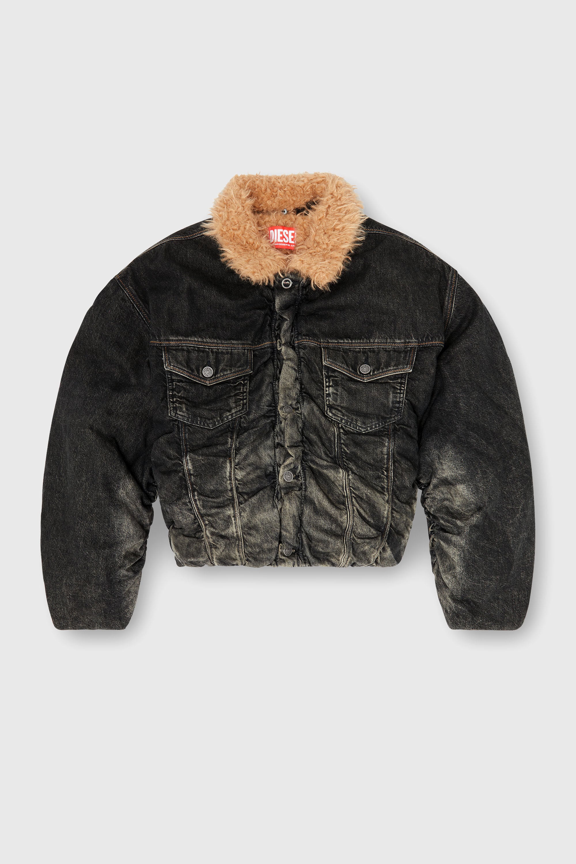 Diesel - D-CURLY-FSJ, Unisex's Teddy-lined trucker jacket in dirty-effect denim in Black/Dark grey - 2